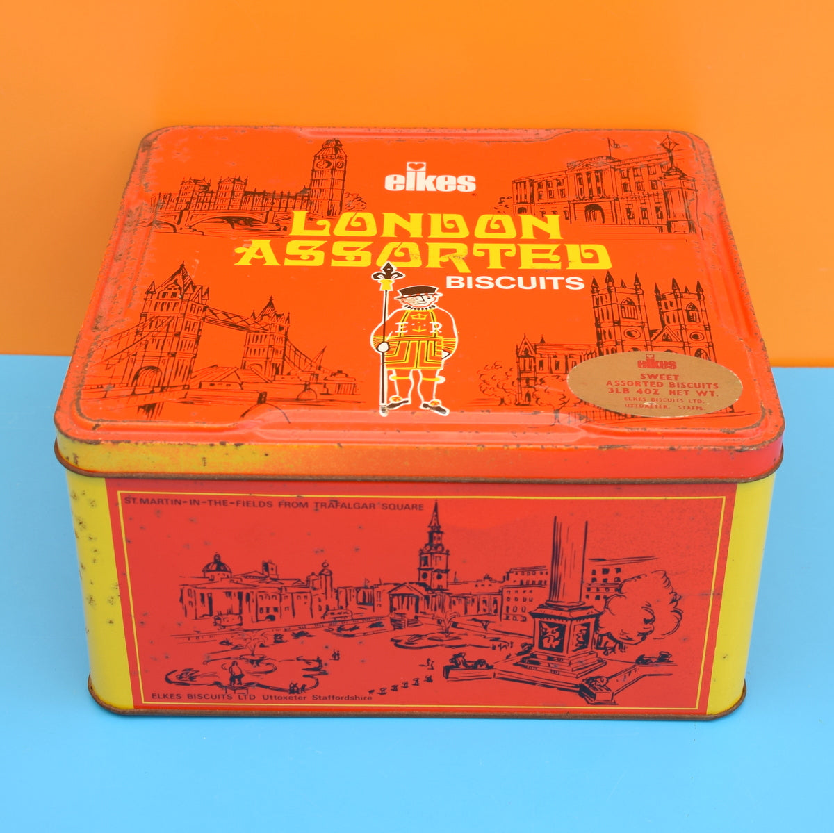 Vintage 1960s Metal Elkes Large Biscuit Tin - London Design . by Vintage