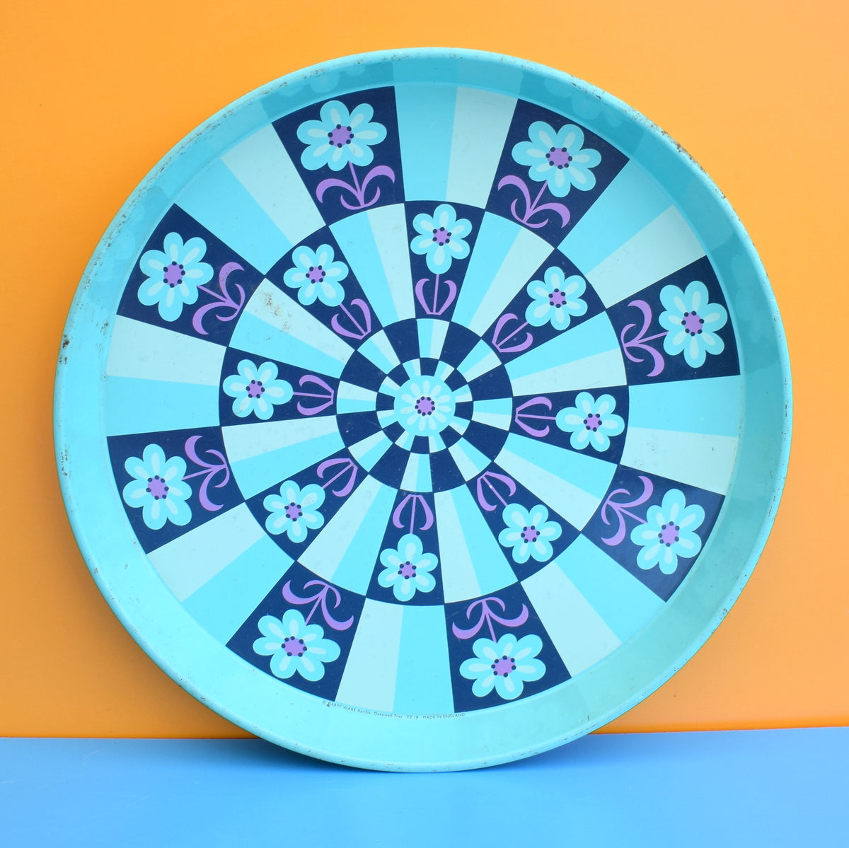 Vintage 1960s Round Geometric Metal Tray - Blue & Purple