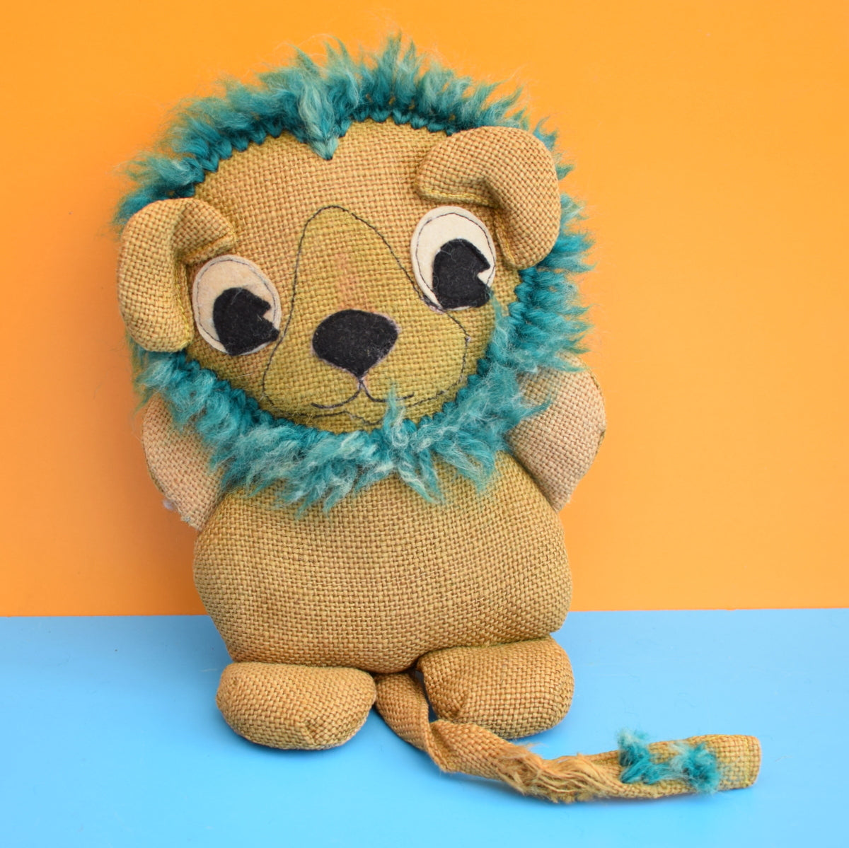 Vintage 1970s Small Hessian Lion - Character Crafts Ltd - Brown / Teal by Pineapple Retro