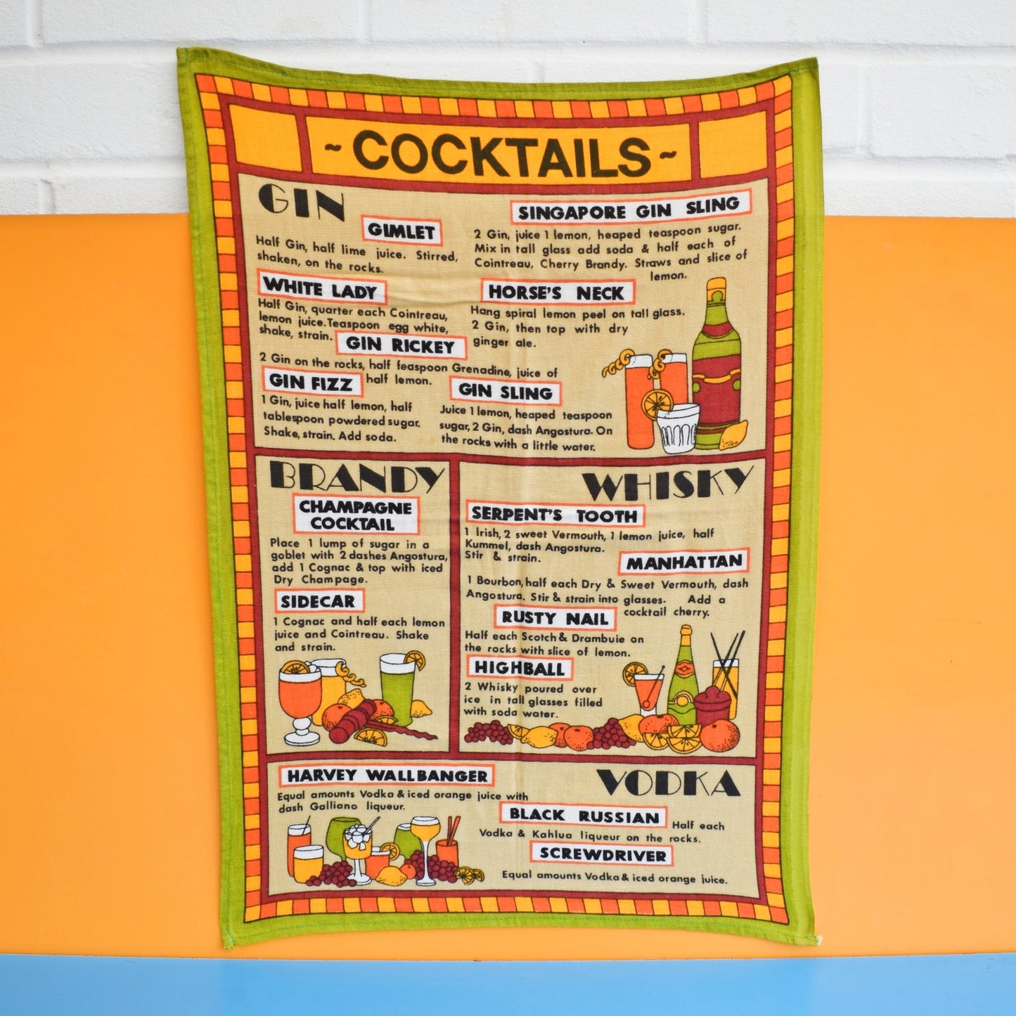 Vintage 1970s Tea Towel - Cocktails by Vintage