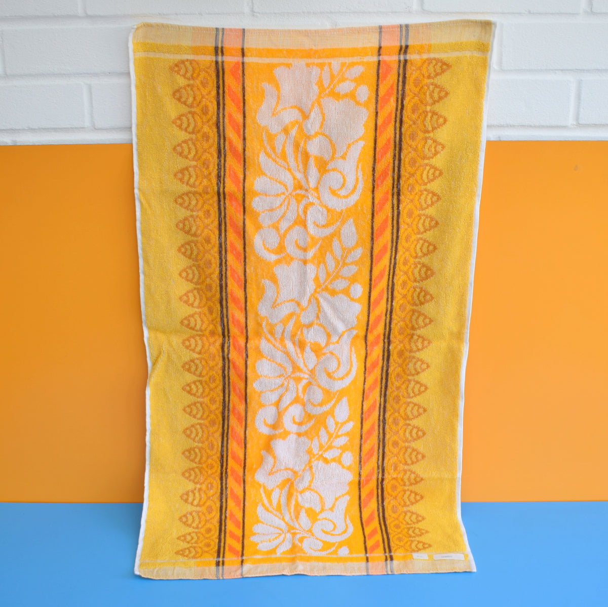 Vintage 1960s Cotton Bath Towel - Orange Patterned