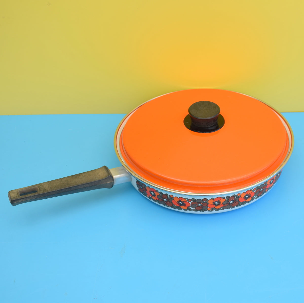 Vintage 1960s Enamel Sauce Pan - Orange Flower Power by Vintage