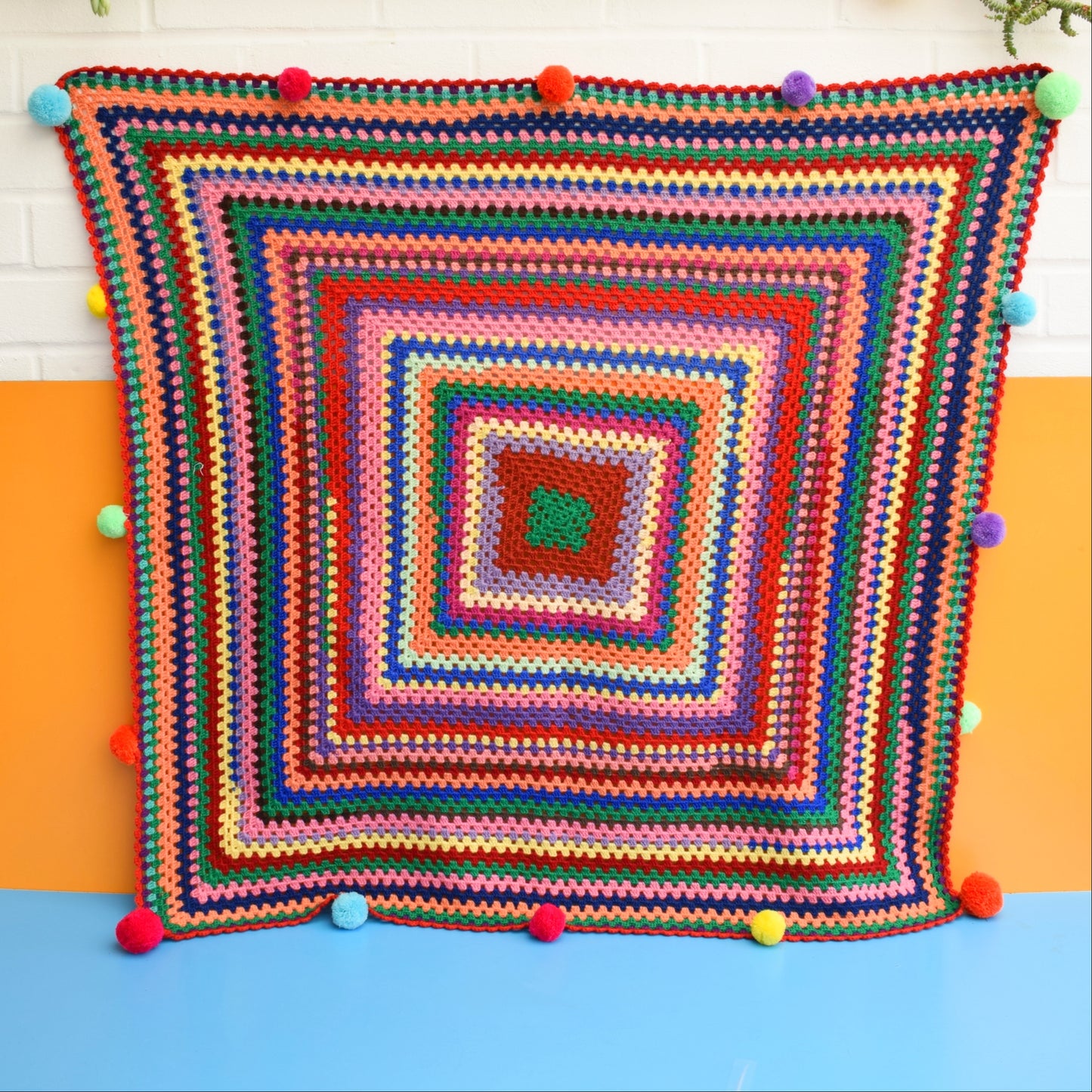 Vintage 1970s Crochet Blanket - Pom Poms