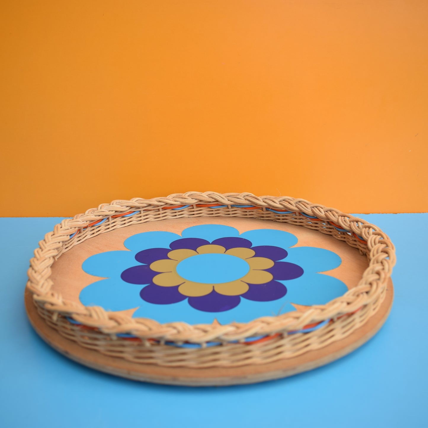 Vintage 1960s Round Wicker Tray - Flower Blue by Vintage