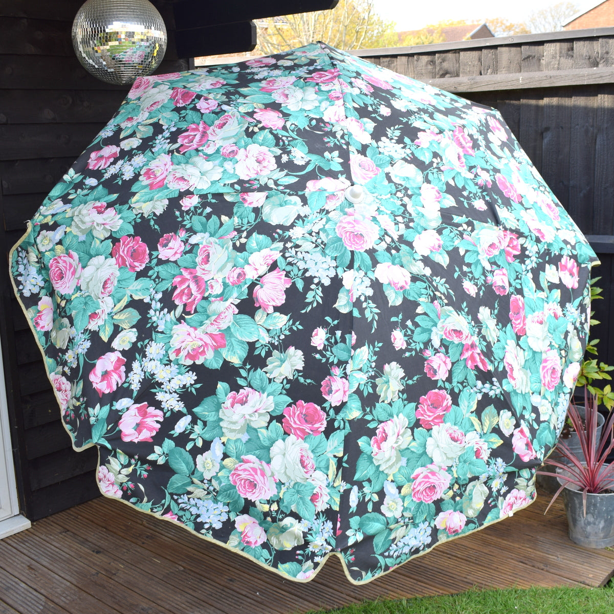 Vintage 1990s Parasol - Flowers - Black / Pink