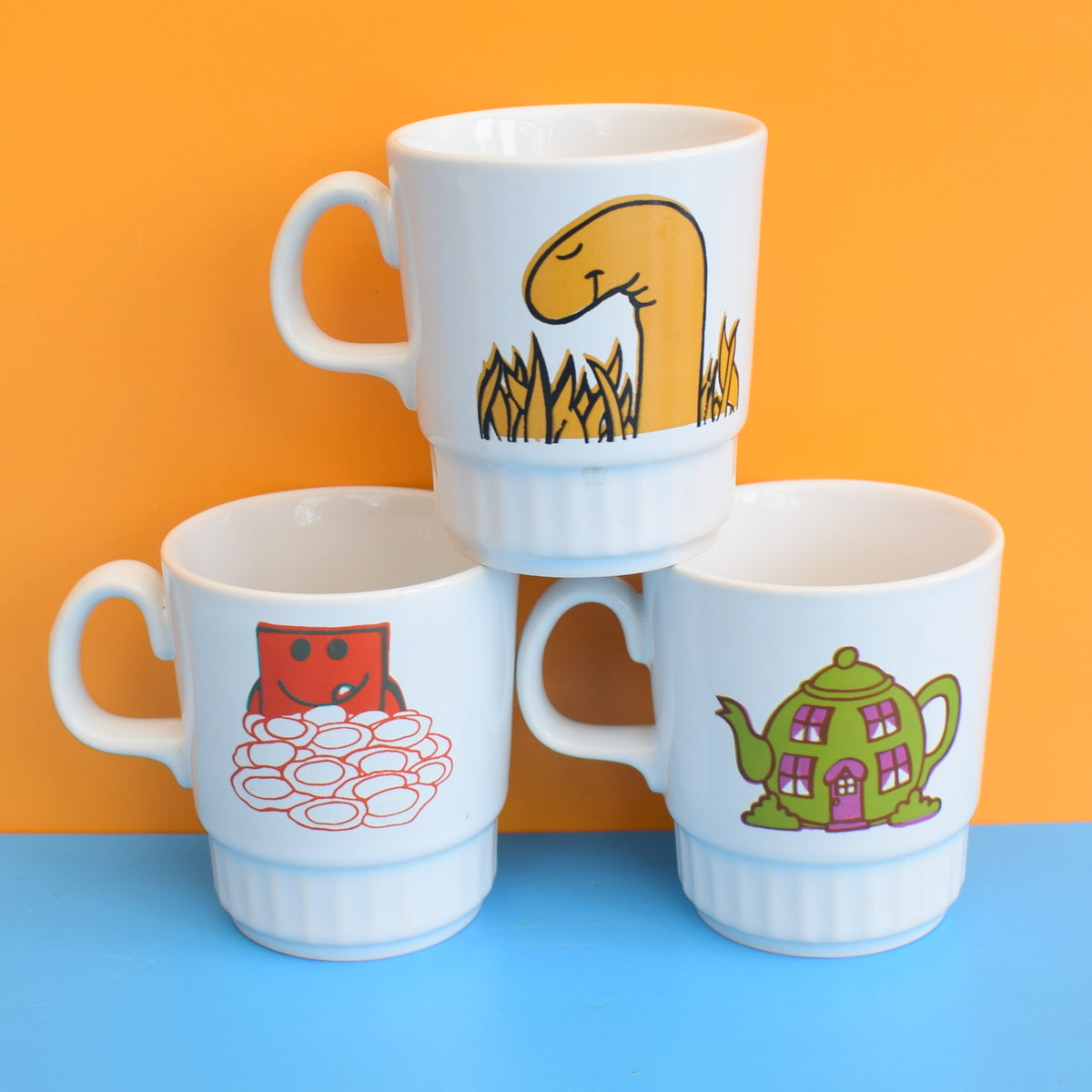 Vintage 1970s Mr Men Mugs - Mr Strong, Mr Funny & Mr Happy