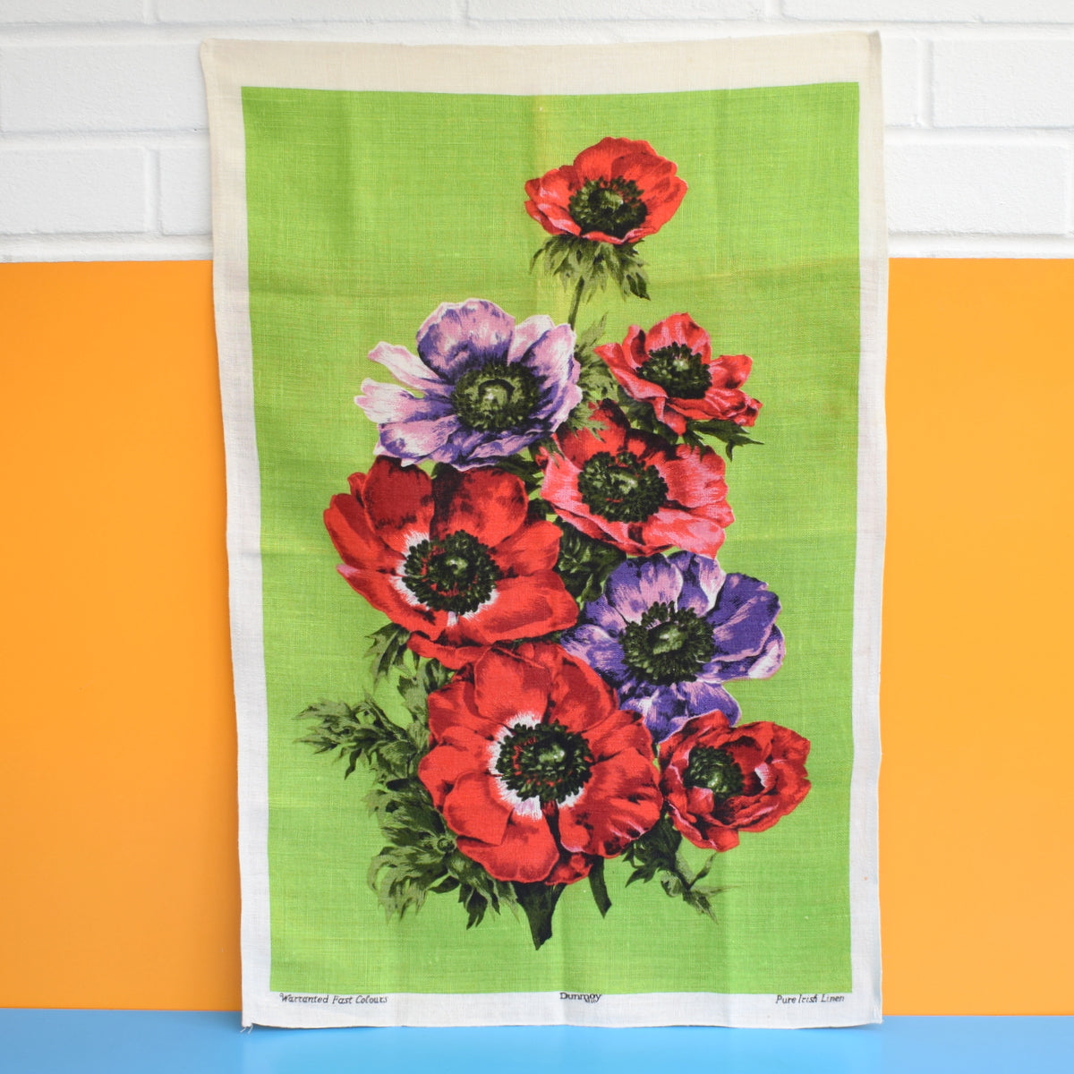 Vintage 1960s Flower Cotton Tea Towel - Green & Pink