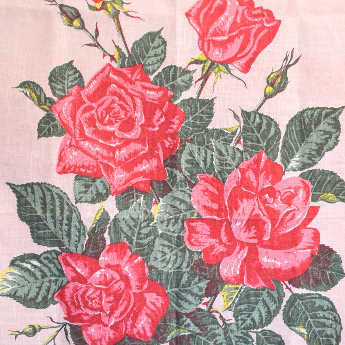 Vintage 1960s Flower Cotton Tea Towel - Pink Rose
