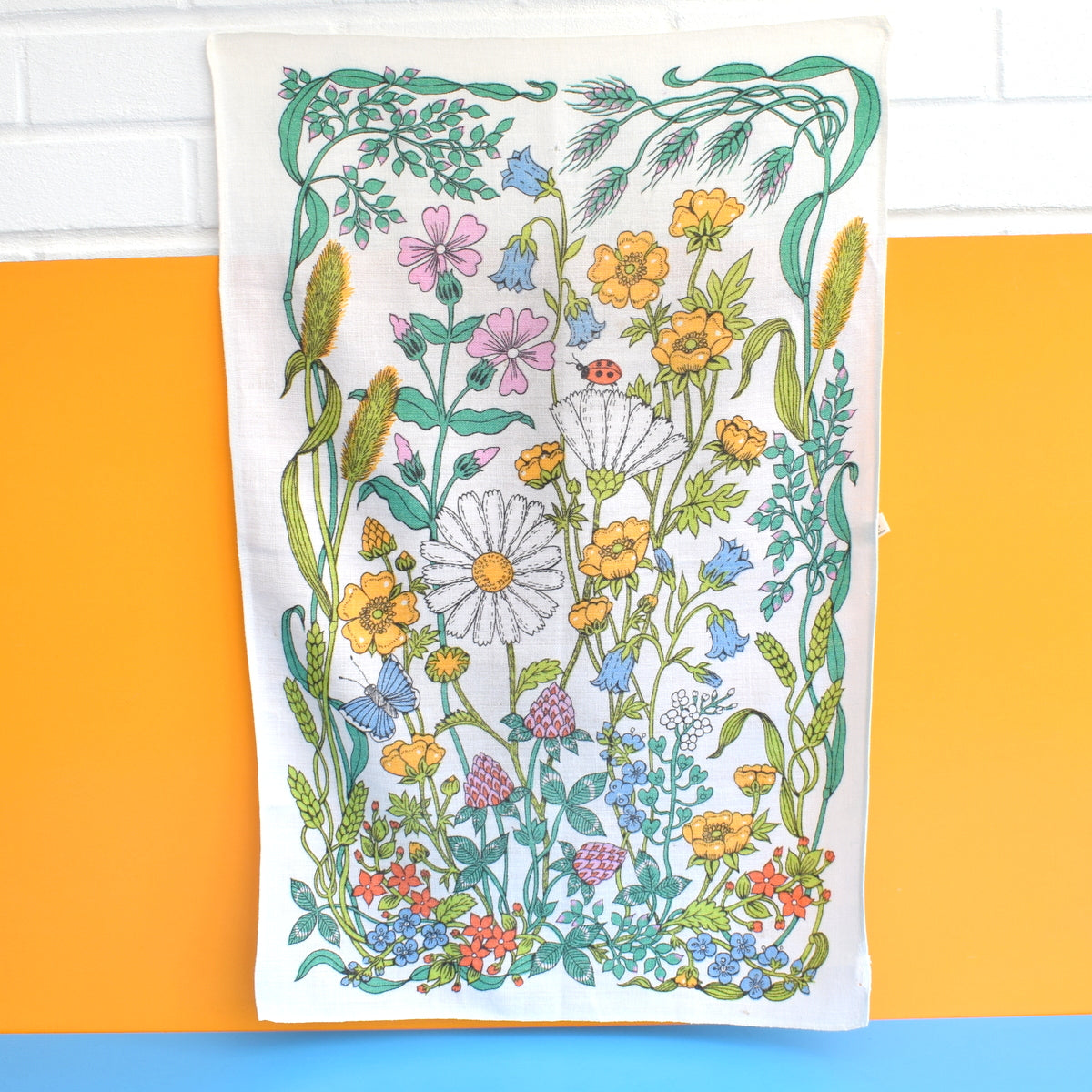 Vintage 1970s Flower Cotton Tea Towel - Meadow
