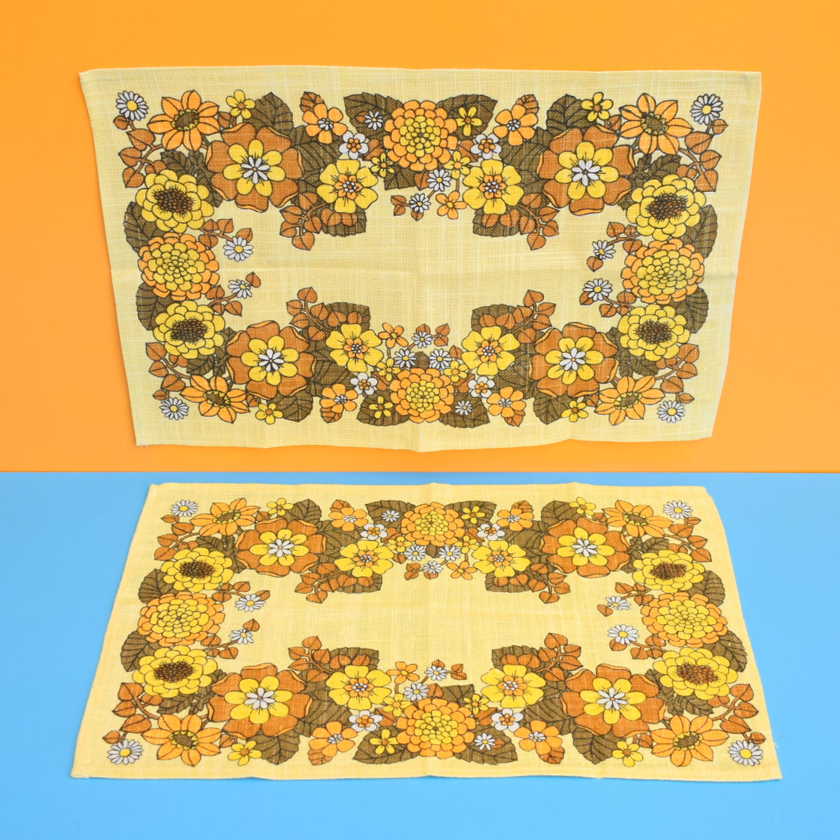 Vintage 1970s Fabric Placemat Pair - Flower Power - Mustard by Pineapple Retro