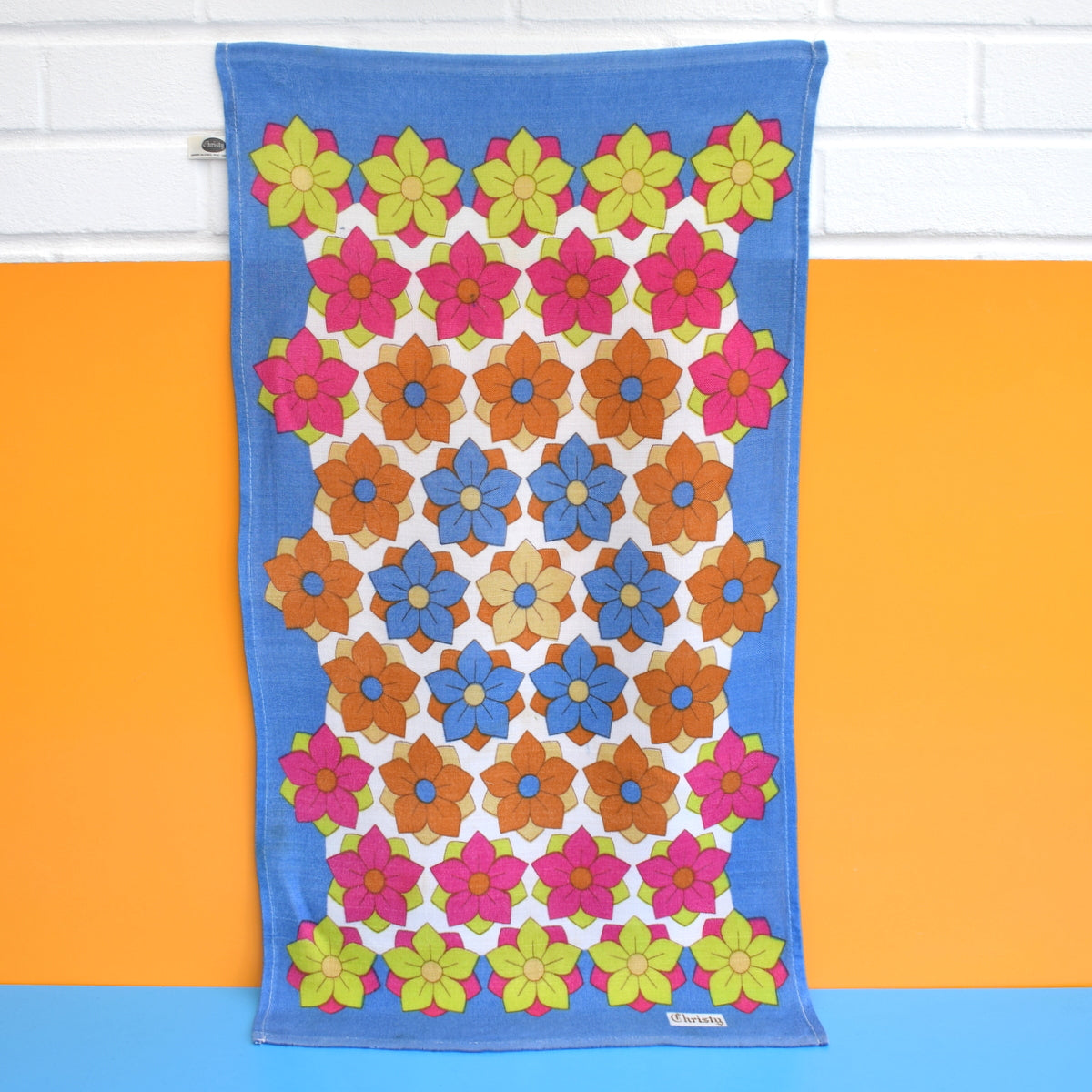 Vintage 1960s Cotton Tea Towel - Flower Power - Blue - Christy