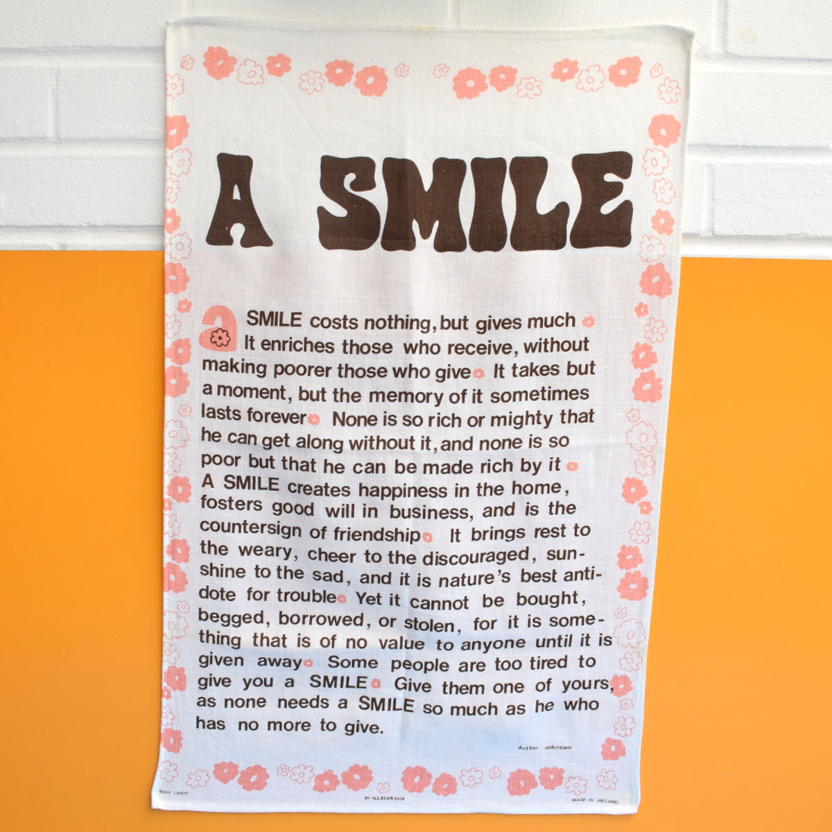 Vintage 1970s Cotton Tea Towel - Smile by Pineapple Retro