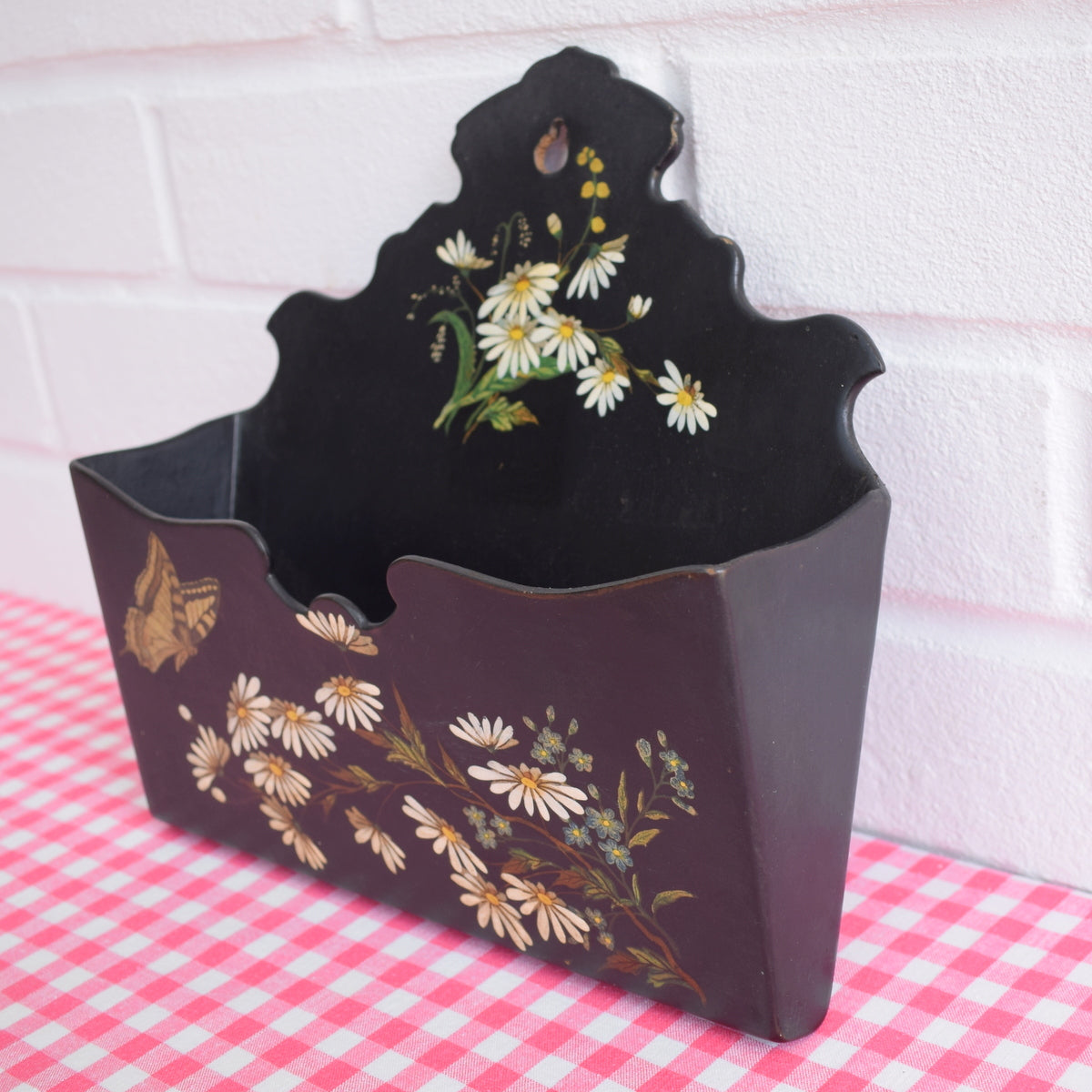 Vintage Victorian Letter Rack - Paper Mache - Black & Daisies by Pineapple Retro
