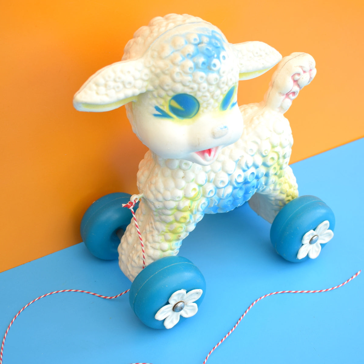 Vintage 1960s Plastic Lamb With Wheels - White & Blue by Pineapple Retro