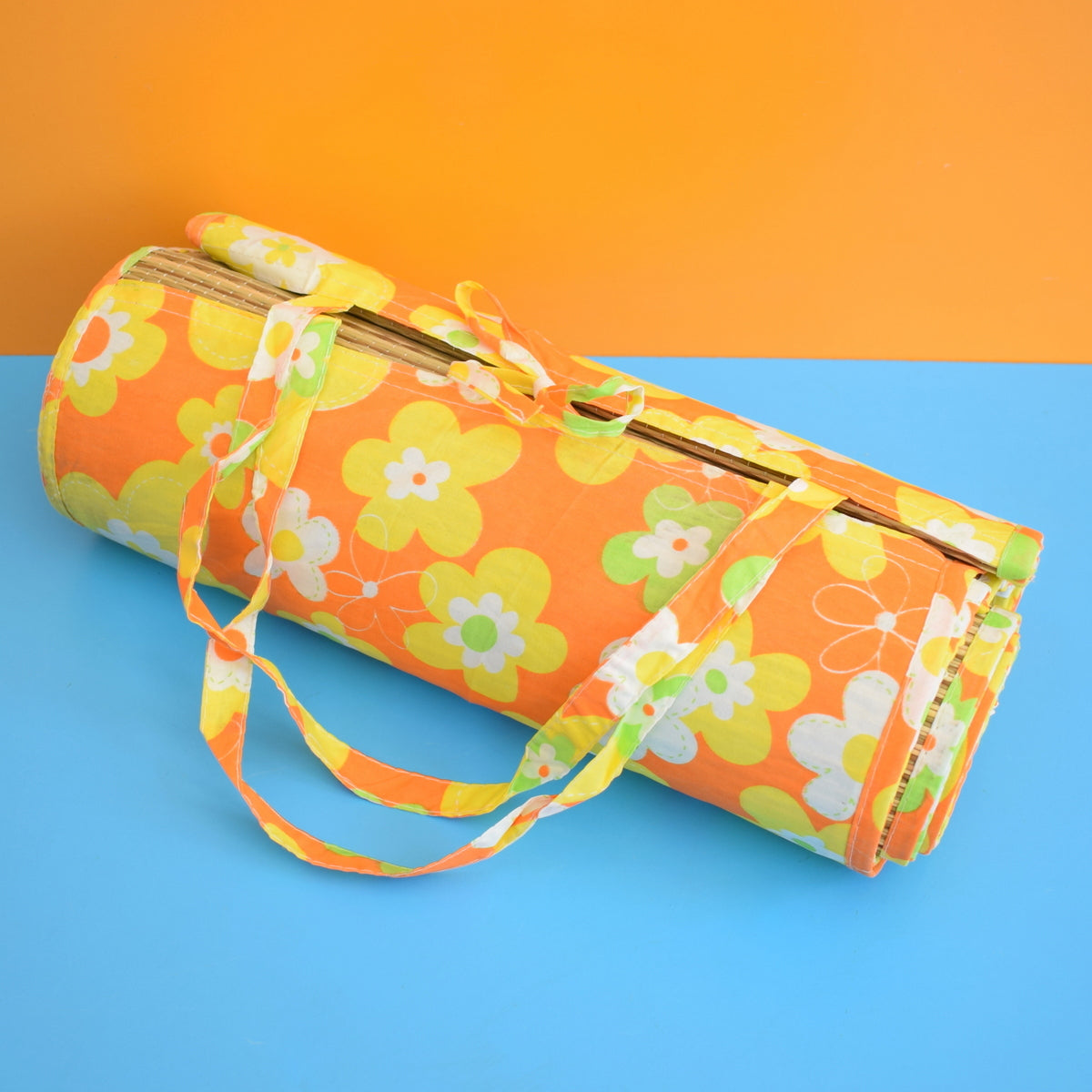 Vintage 1970s Roll Up Bamboo Beach Mat - Flower Power