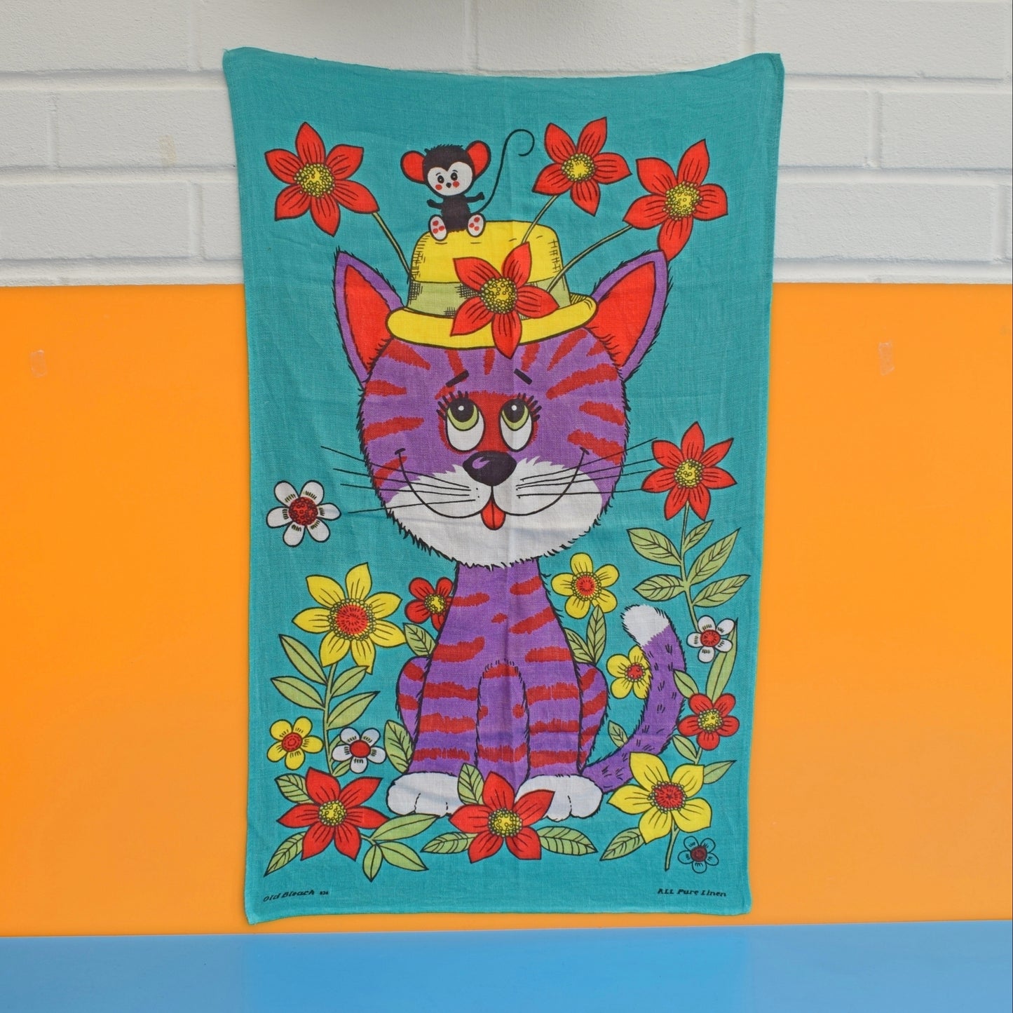 Vintage 1960s Tea Towel - Purple Cat - Flower Power by Vintage