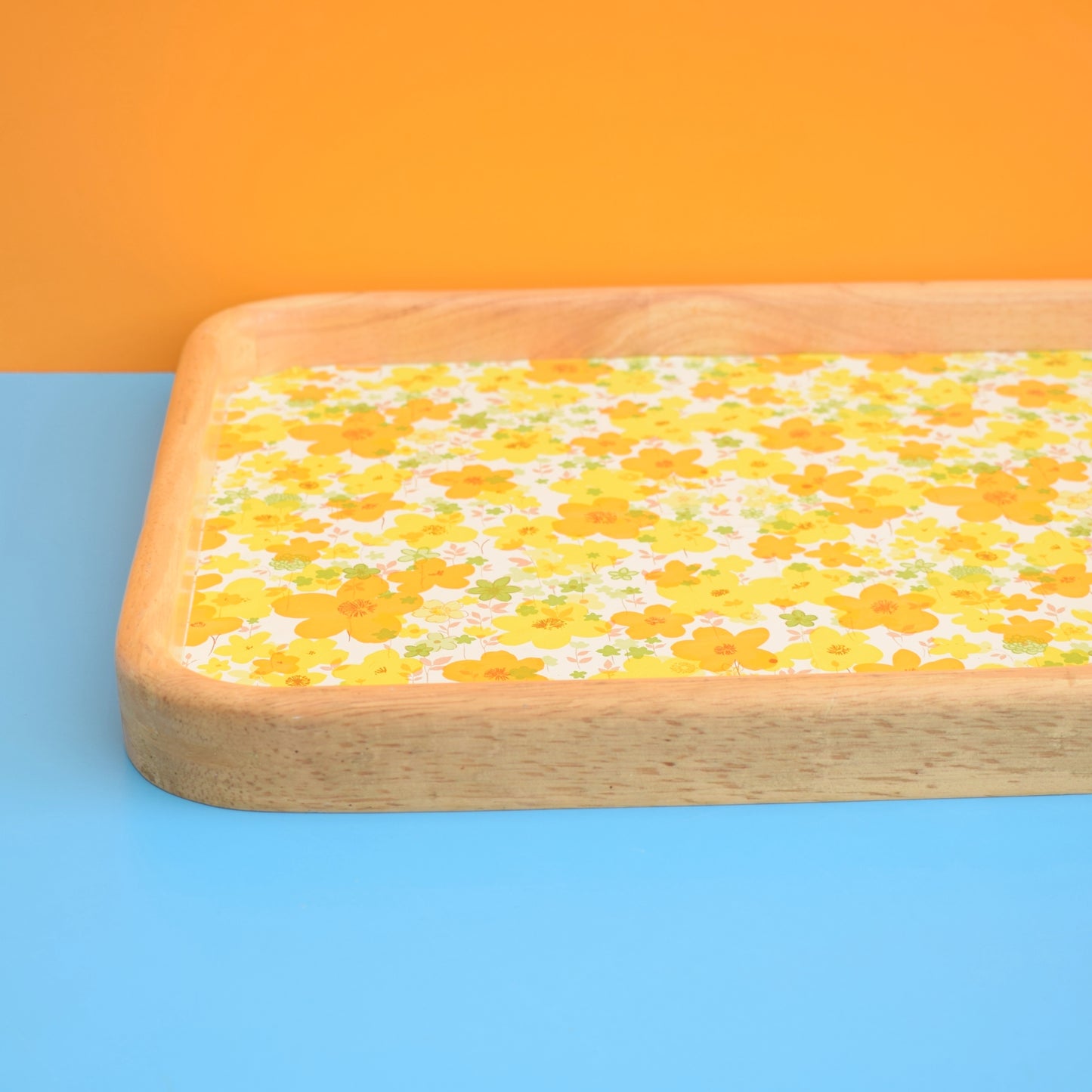 Vintage 1970s Wooden Tray - Flower Power Yellow