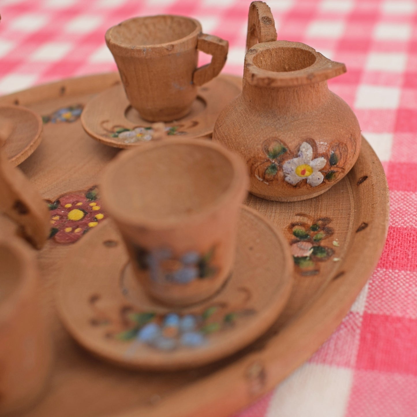 Vintage 1940s Tiny Wooden Painted Tea Set - Pretty by Pineapple Retro