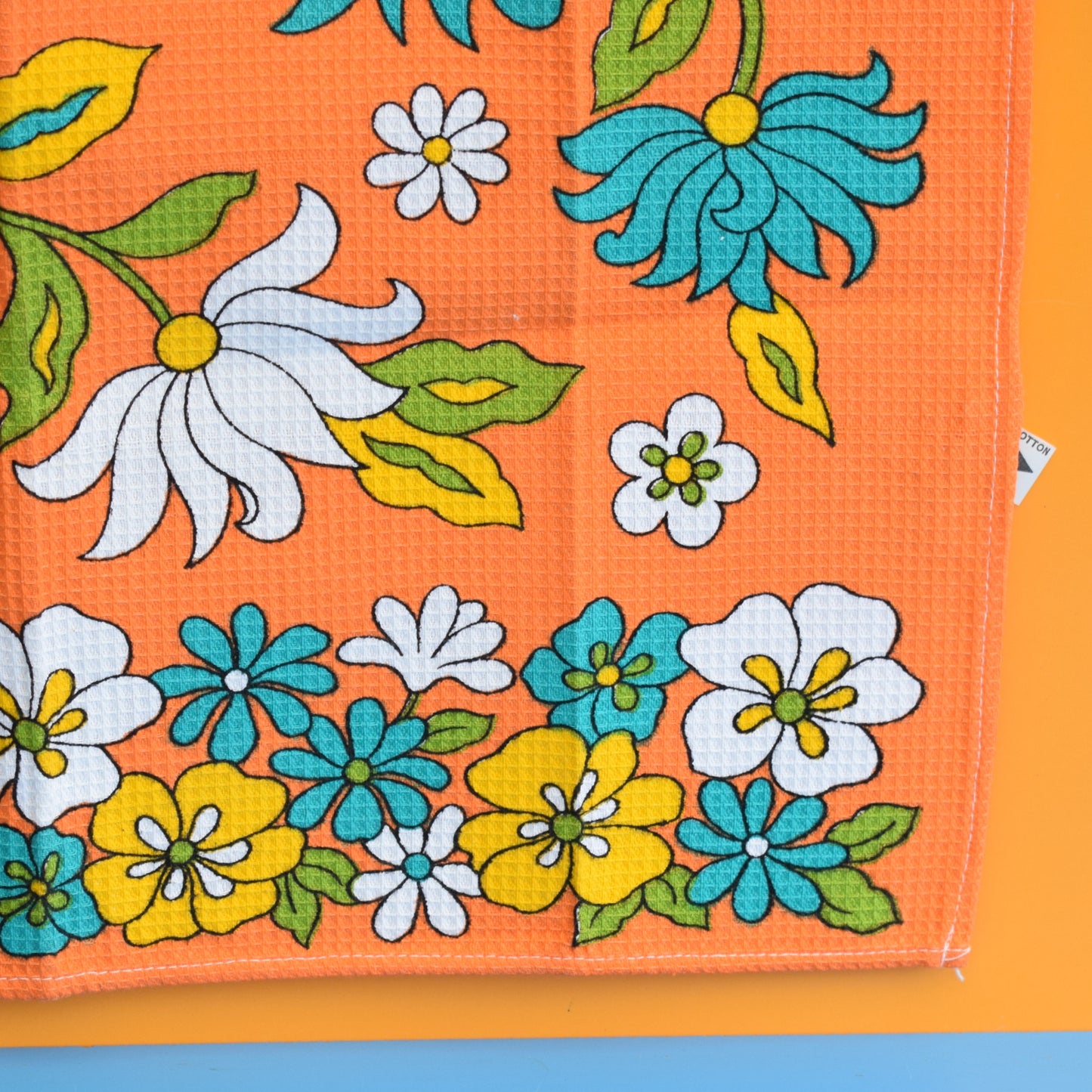 Vintage 1960s Waffle Tea Towel - Flower Power - Orange