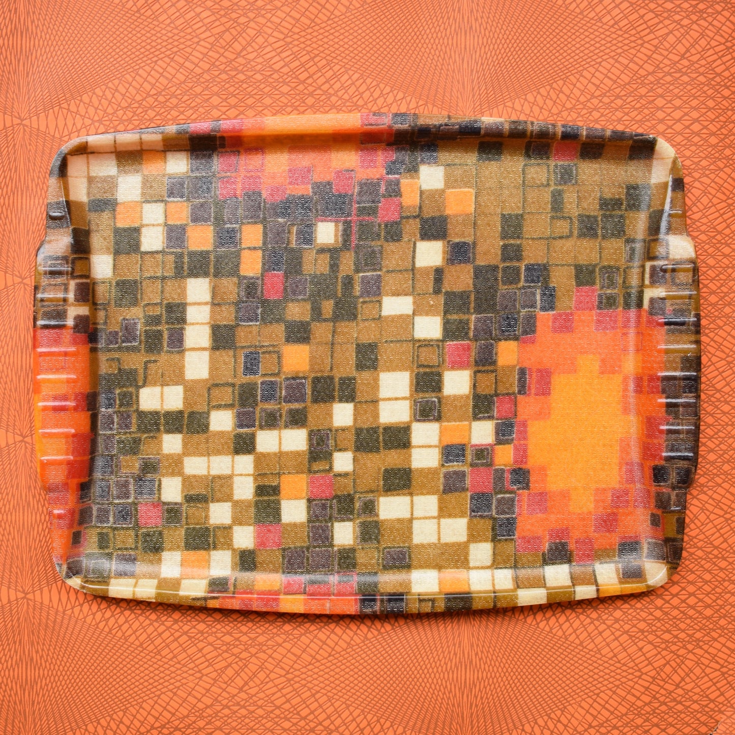 Vintage 1960s Pixel Fibreglass Tray - Orange by Vintage