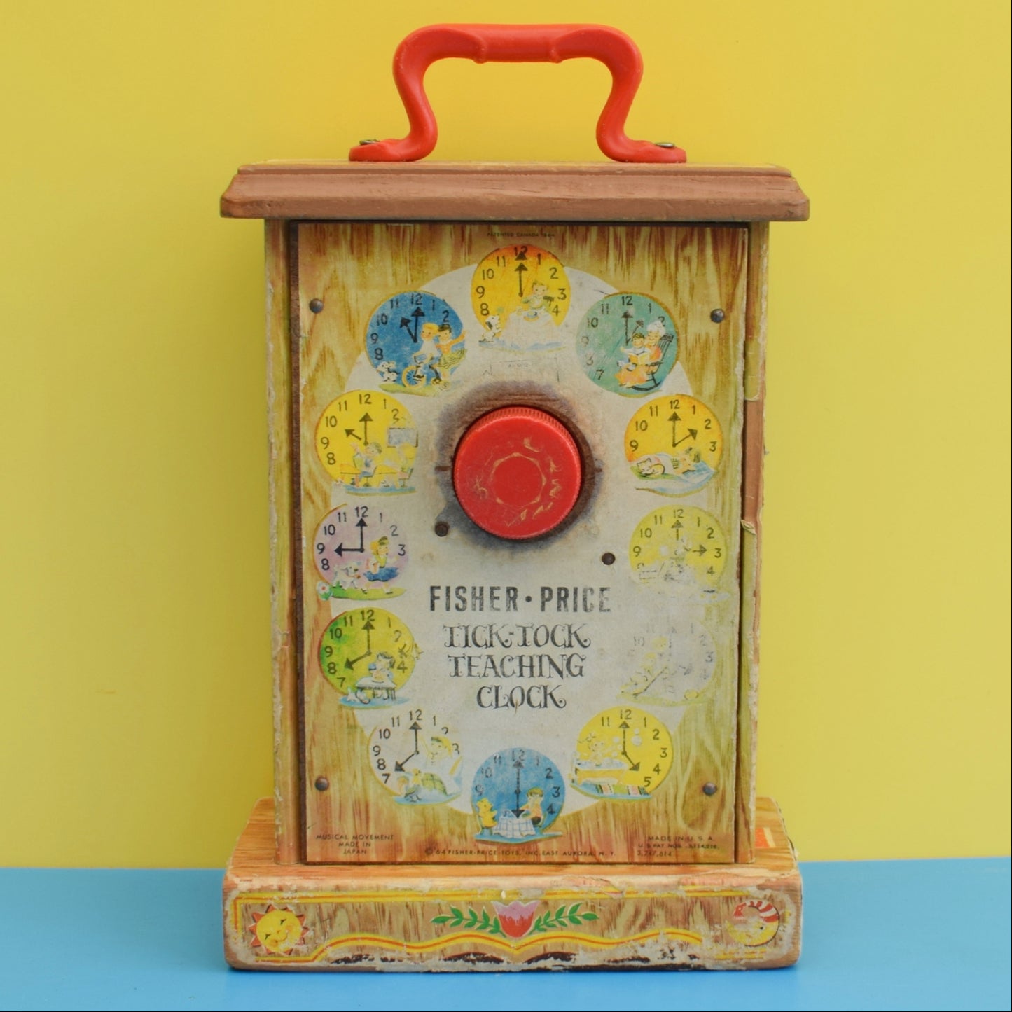 Vintage 1960s Fisher Price Teaching Clock - Wooden - Brown