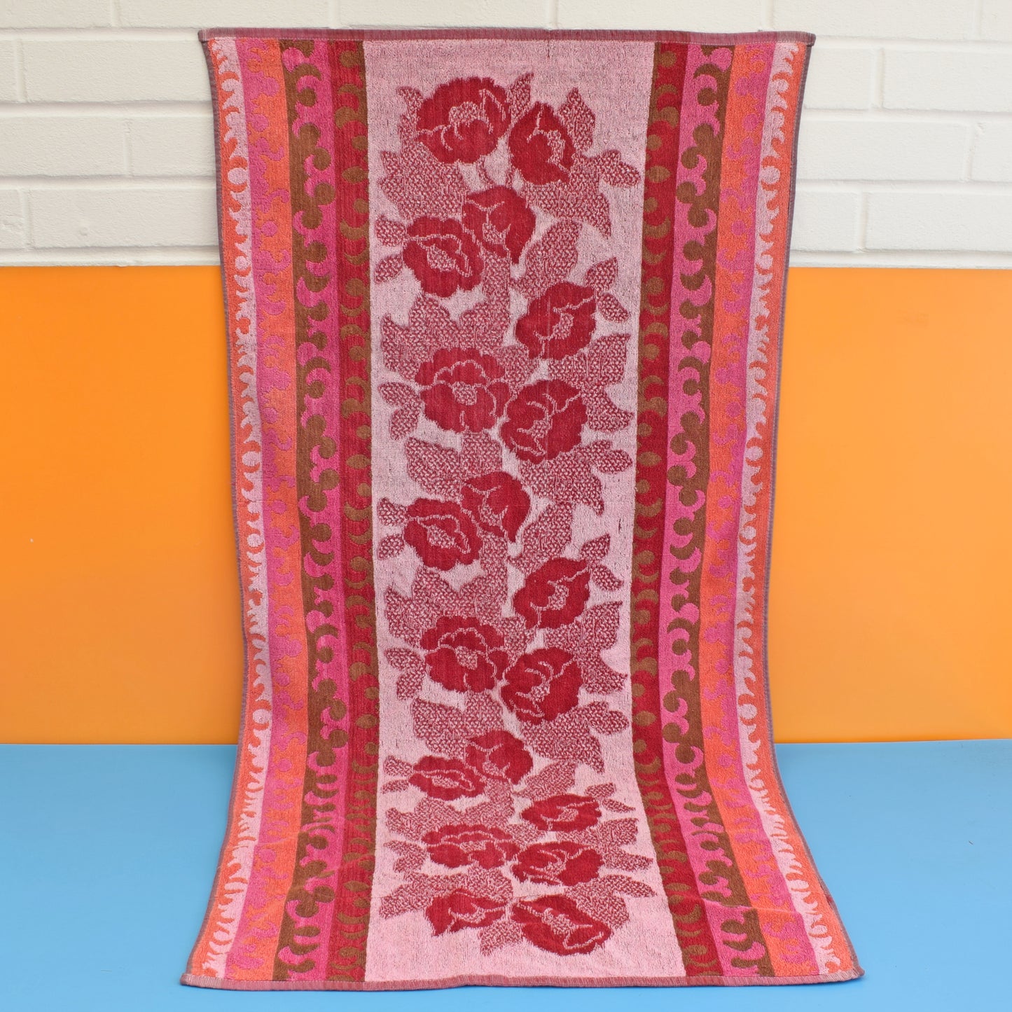 Vintage 1960s Cotton Bath Towel - Pink Patterned by Pineapple Retro