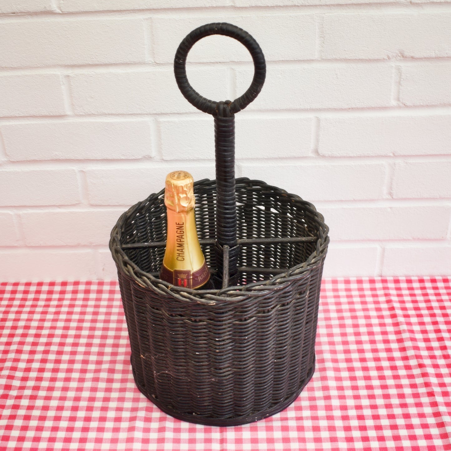 Vintage Round Wicker Bottle Carrier - Black by Pineapple Retro