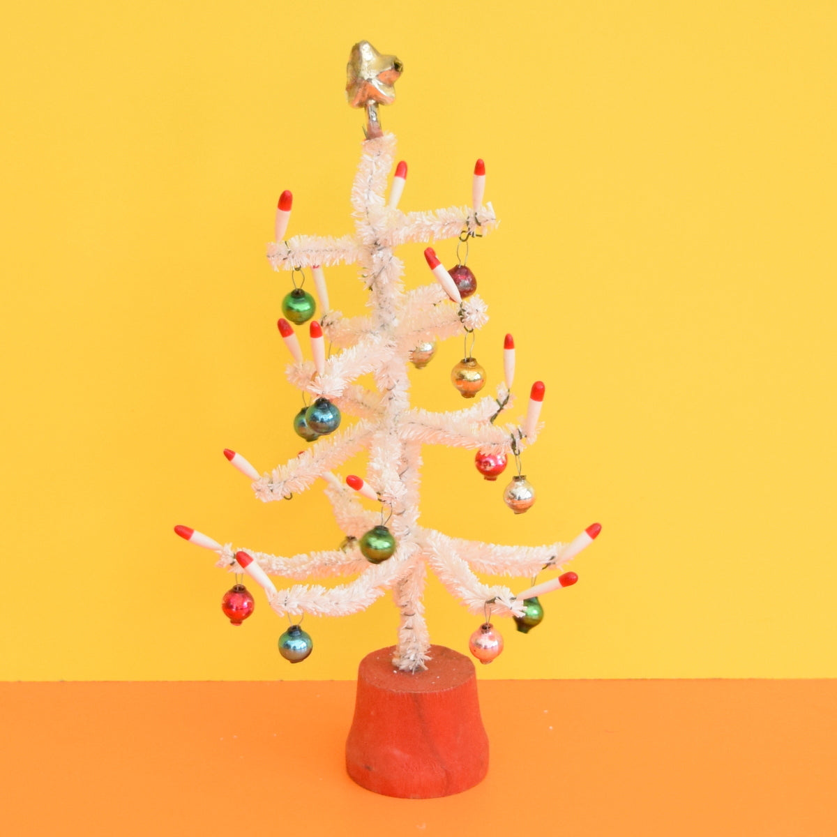 Vintage 1950s Small Pipe Cleaner Christmas Tree With Glass Decorations