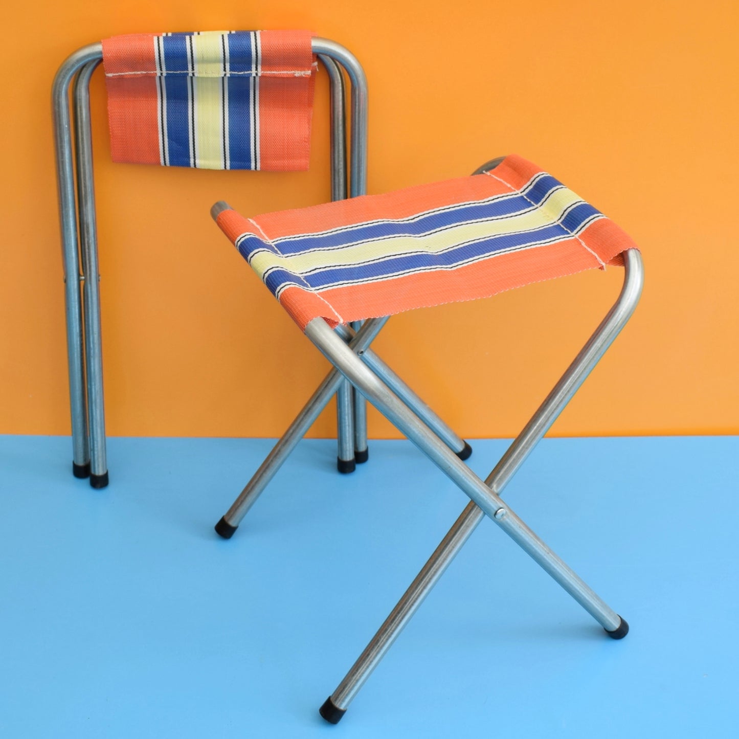 Vintage 1960s Striped Nylon Folding Stools - Orange by Vintage