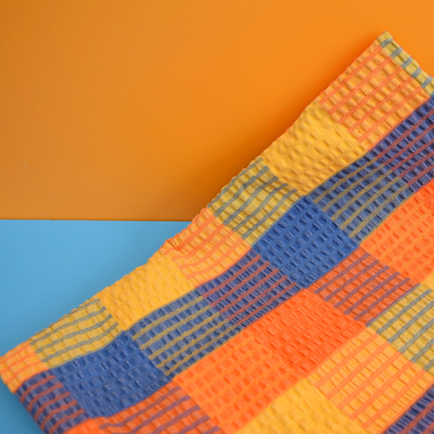 Vintage 1960s Seersucker Cotton Tablecloth- Orange & Blue