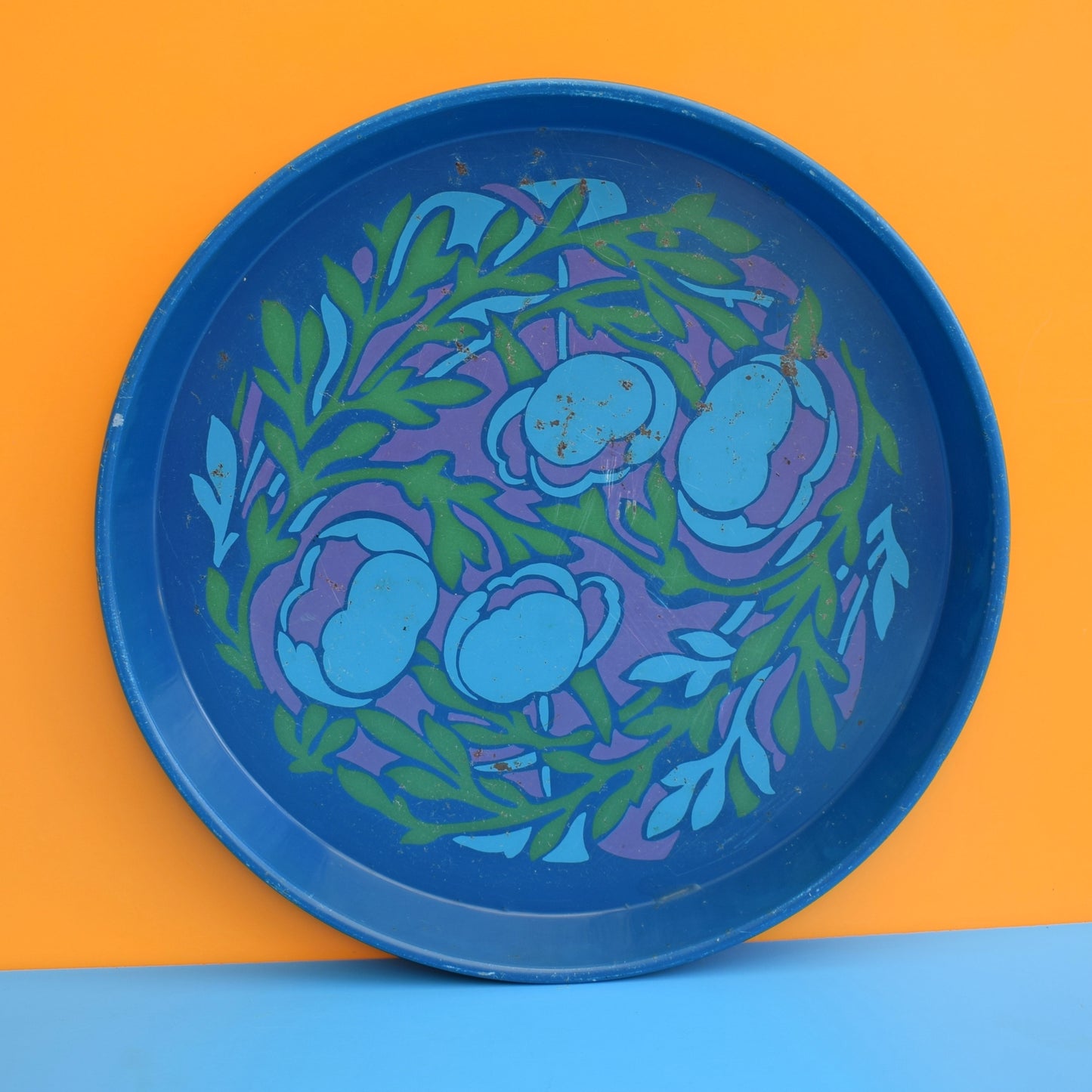 Vintage 1960s Round Tray - Floral Design- Blue by Vintage