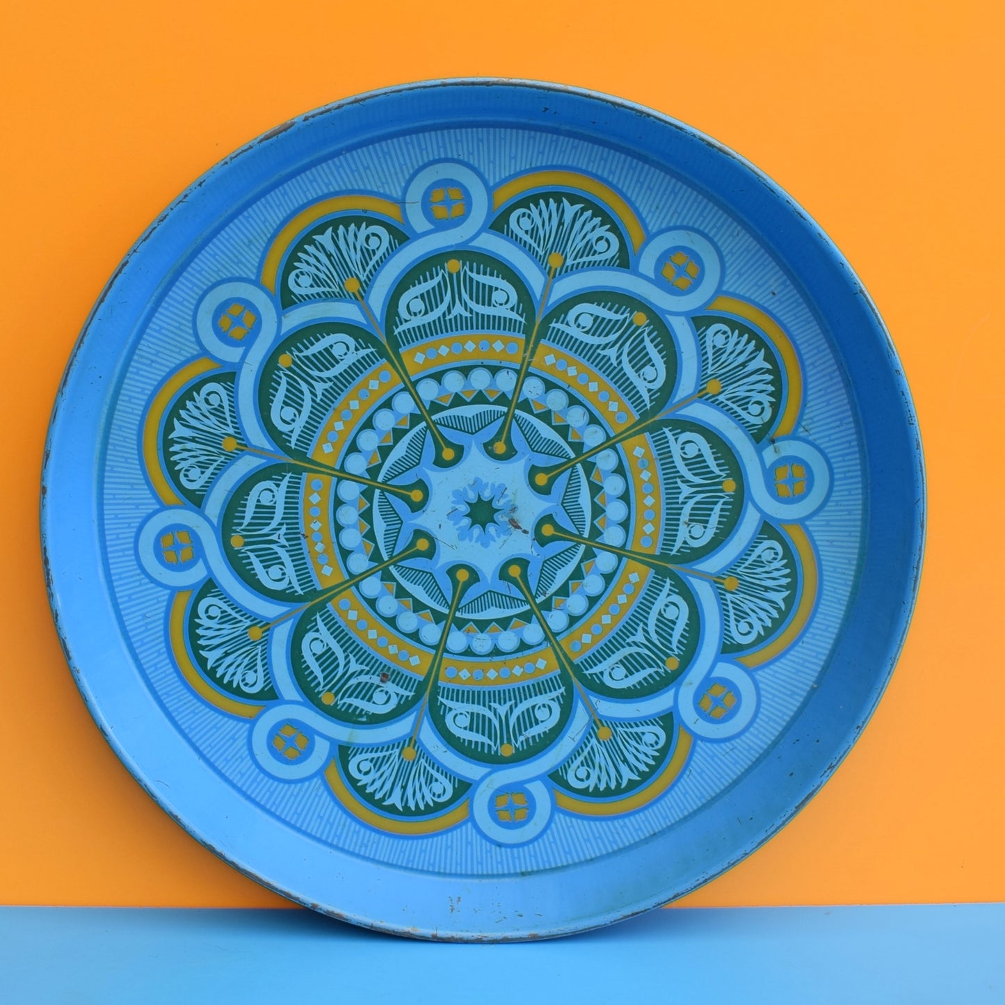 Vintage 1960s Round Tray - Geometric Design- Turquoise Blue by Vintage