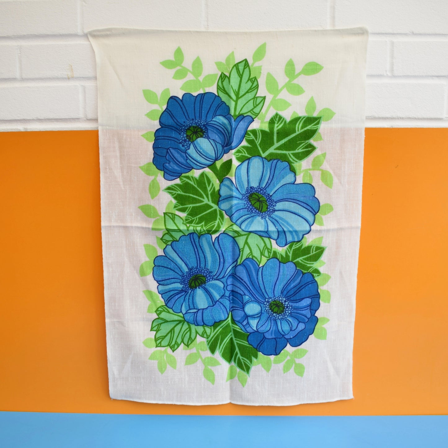 Vintage 1960s Cotton Tea Towel - Flower Power - Blue by Pineapple Retro