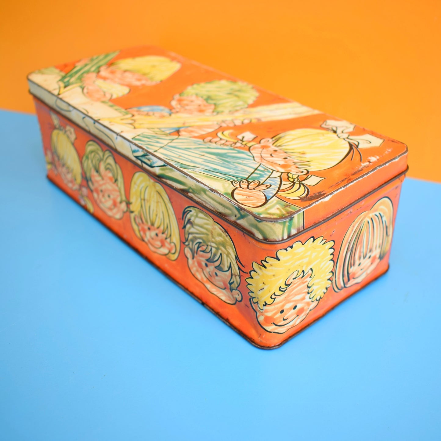 Vintage 1970s Rectangular Metal Tin - Kids & Crayons by Pineapple Retro