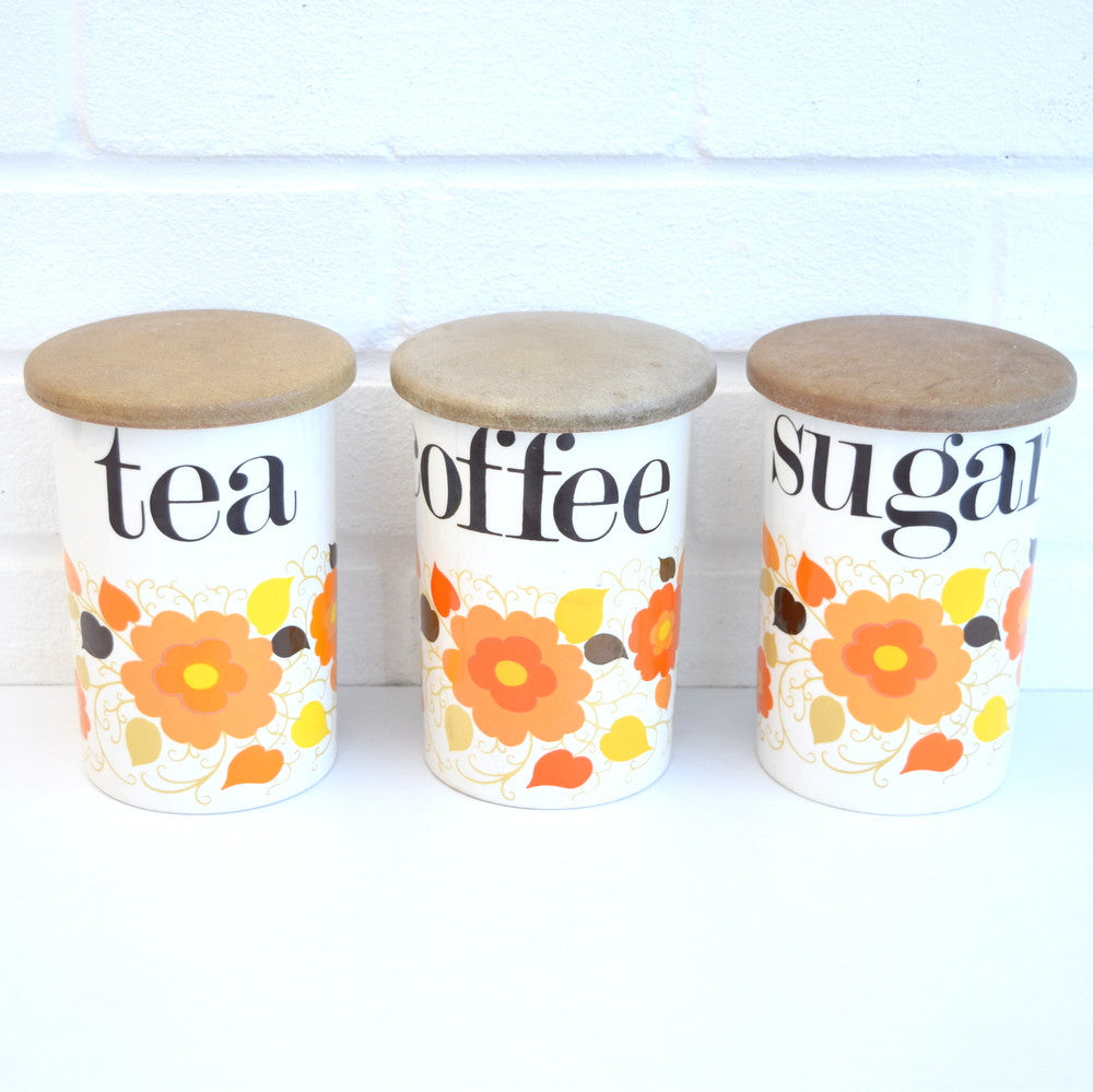 Vintage 1960s Crown Devon Ceramic Jars- Flower Power Coffee Tea Sugar