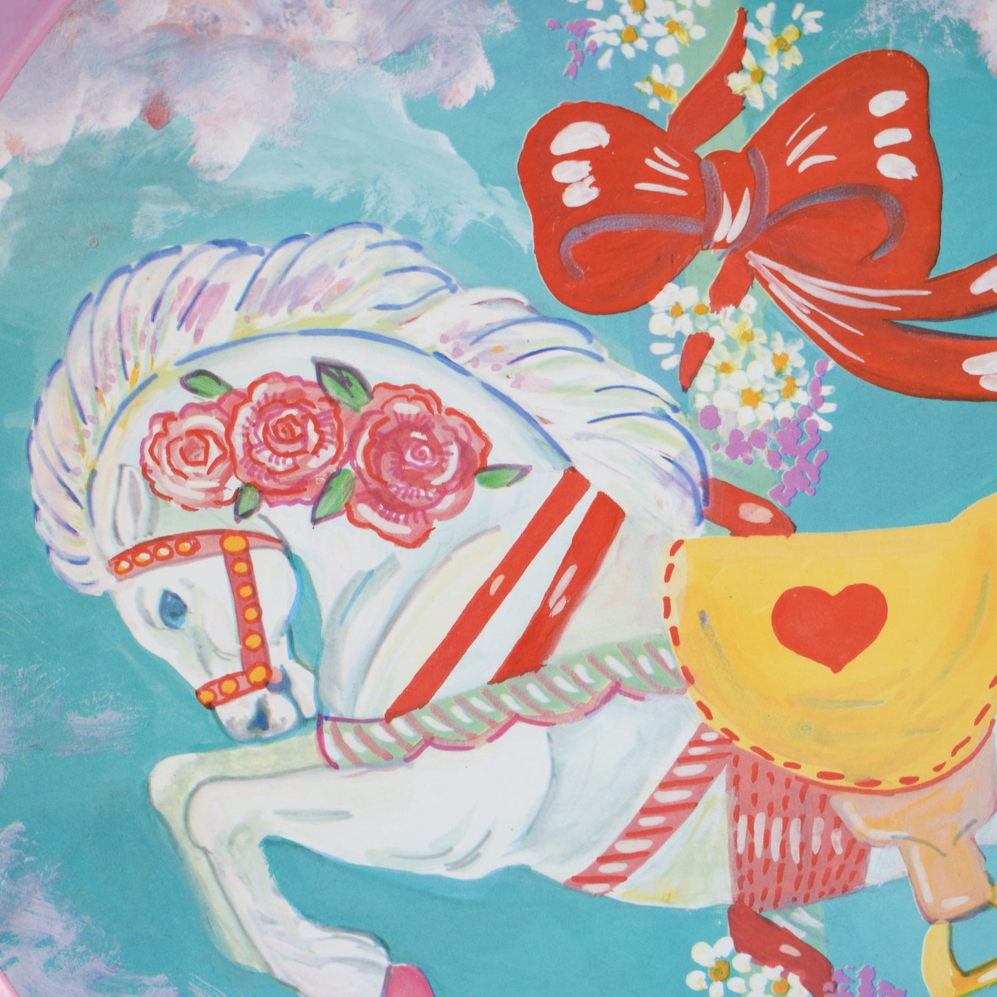 Vintage 1980s Tin Round Tray - Carousel Horse