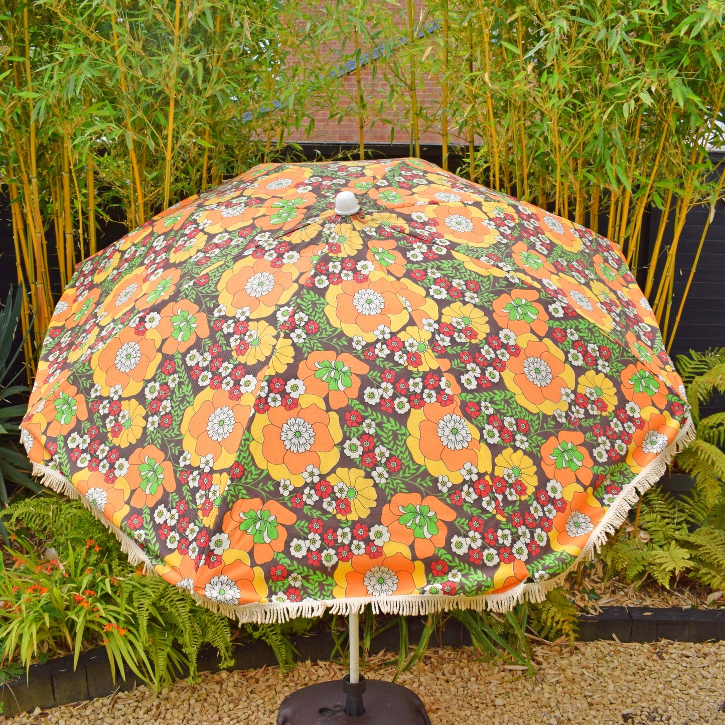Vintage 1970s Garden Parasol - Orange Flower Power