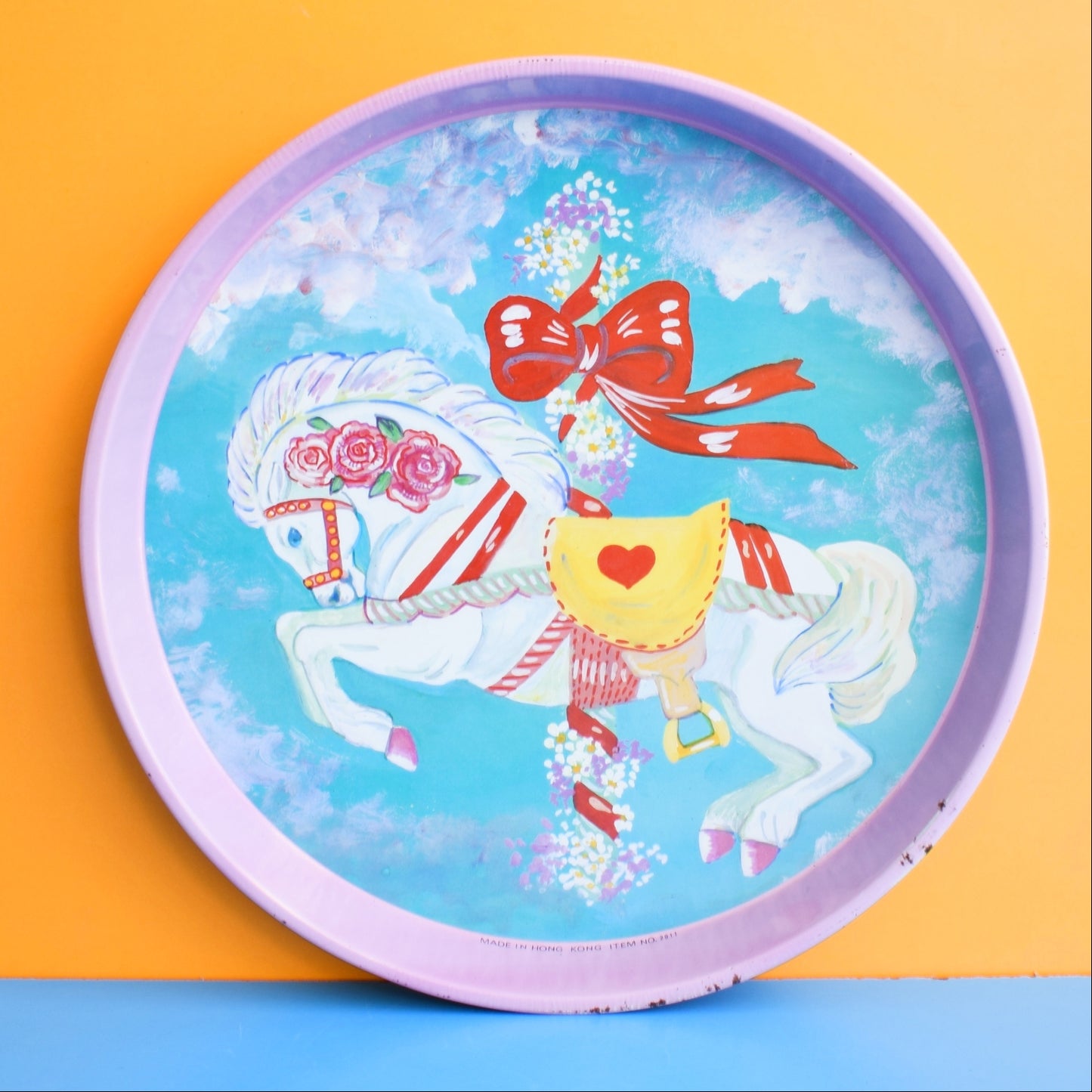 Vintage 1980s Tin Round Tray - Carousel Horse .