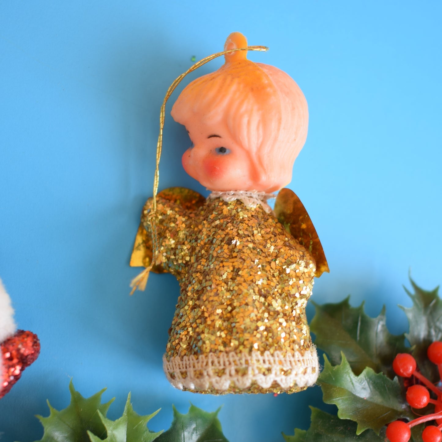 Vintage 1960s Kitsch Glitter Plastic Christmas Decorations x5 - Santa