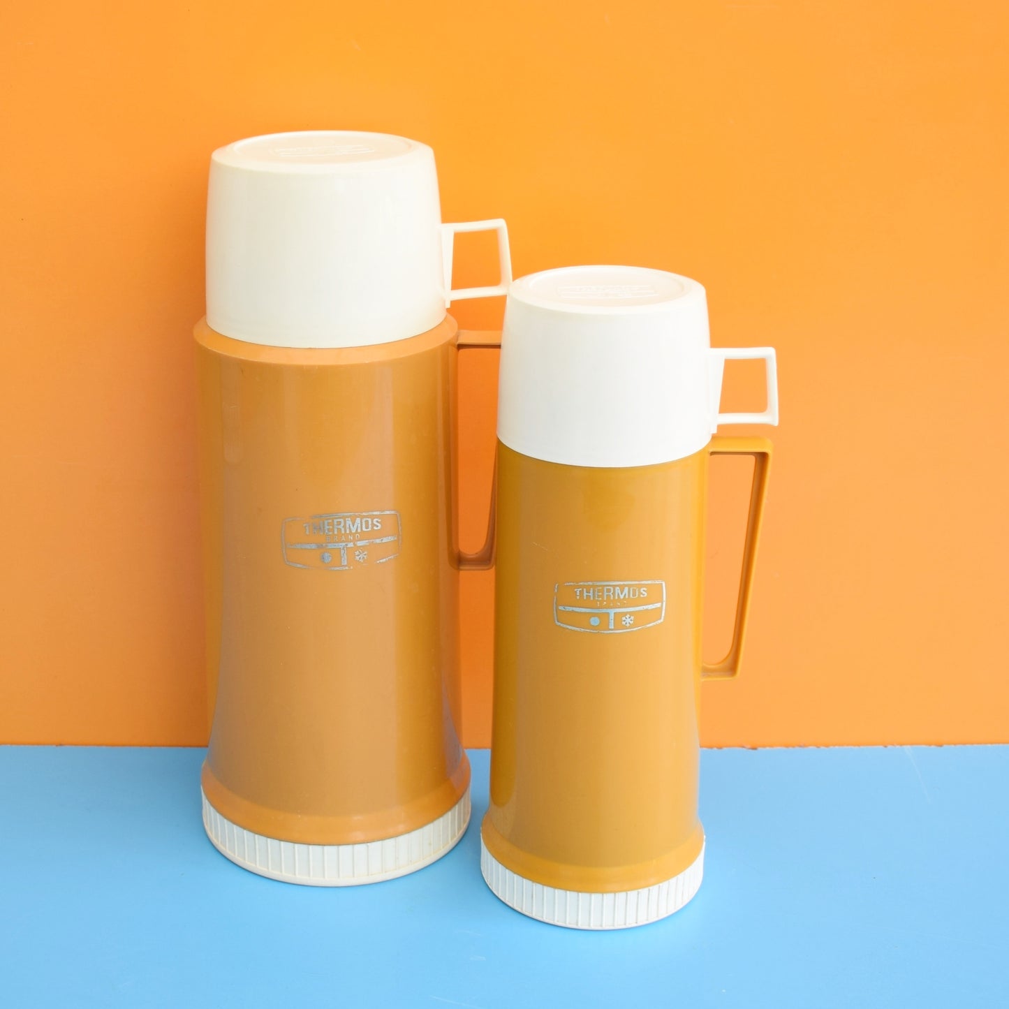 Vintage 1980s Plastic Thermos Flasks - Mustard