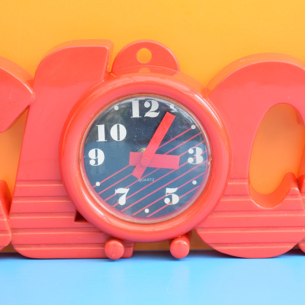 Vintage 1980s CLOCK Word Shaped Wall Clock - Red