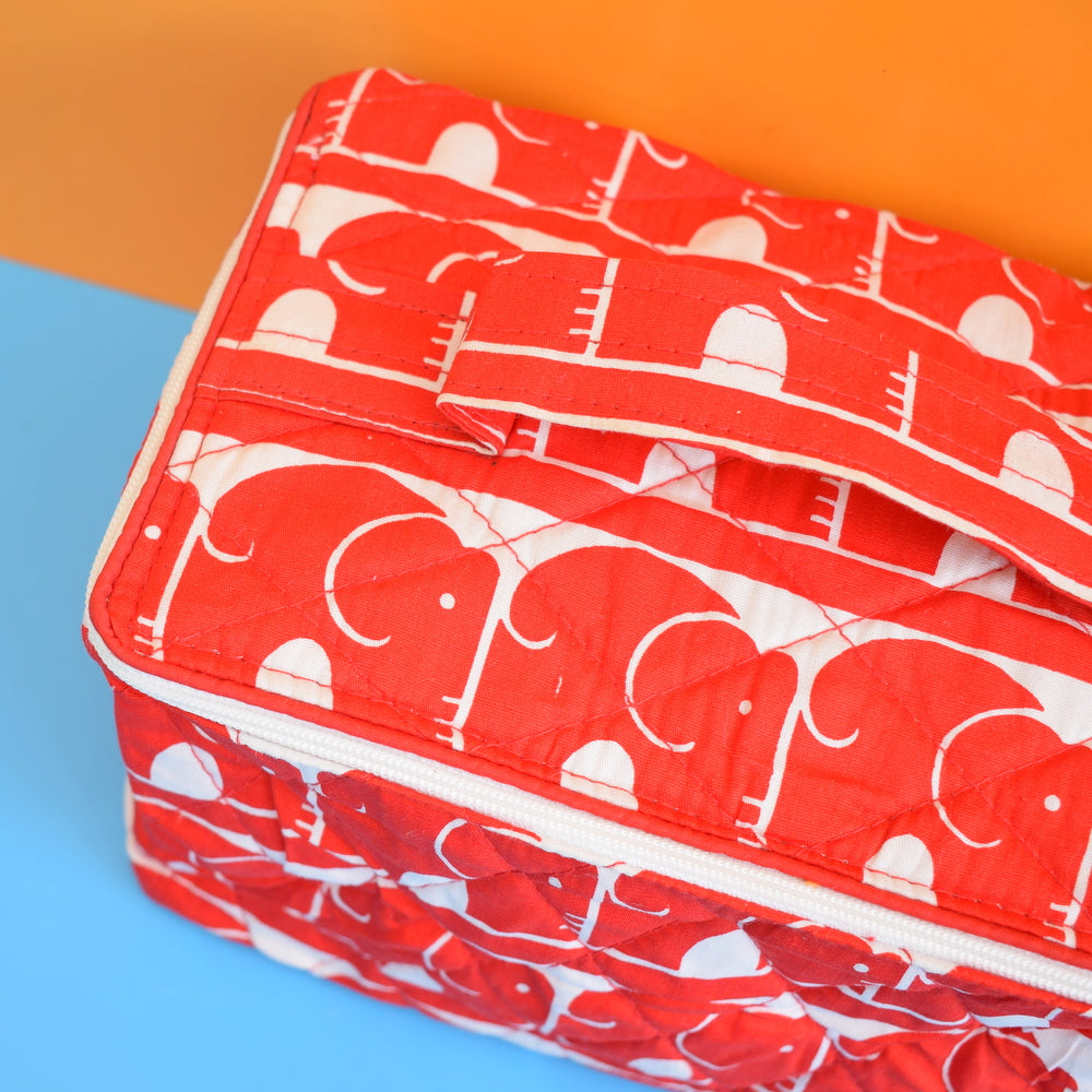Vintage 1980s Wash Bag / Storage Bag - Elephants - Red
