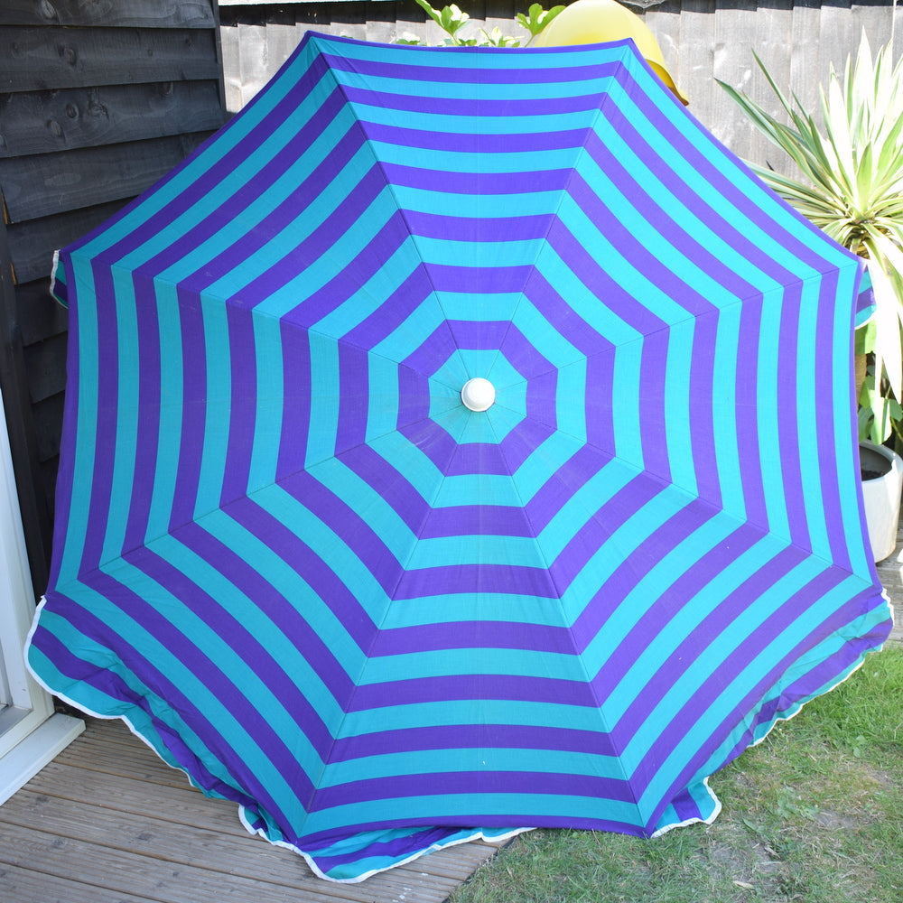 Vintage 1980s Large Parasol - Purple / Turquoise Stripe