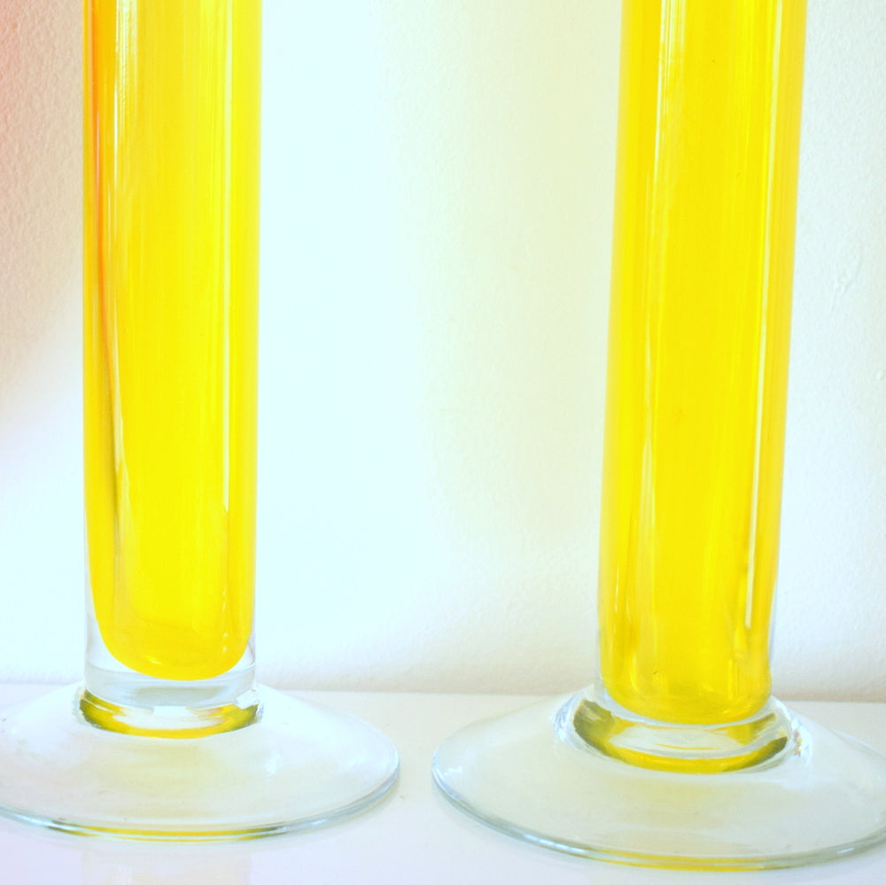 Vintage 1970s Glass Bud Cylinder Vase Pair - Yellow