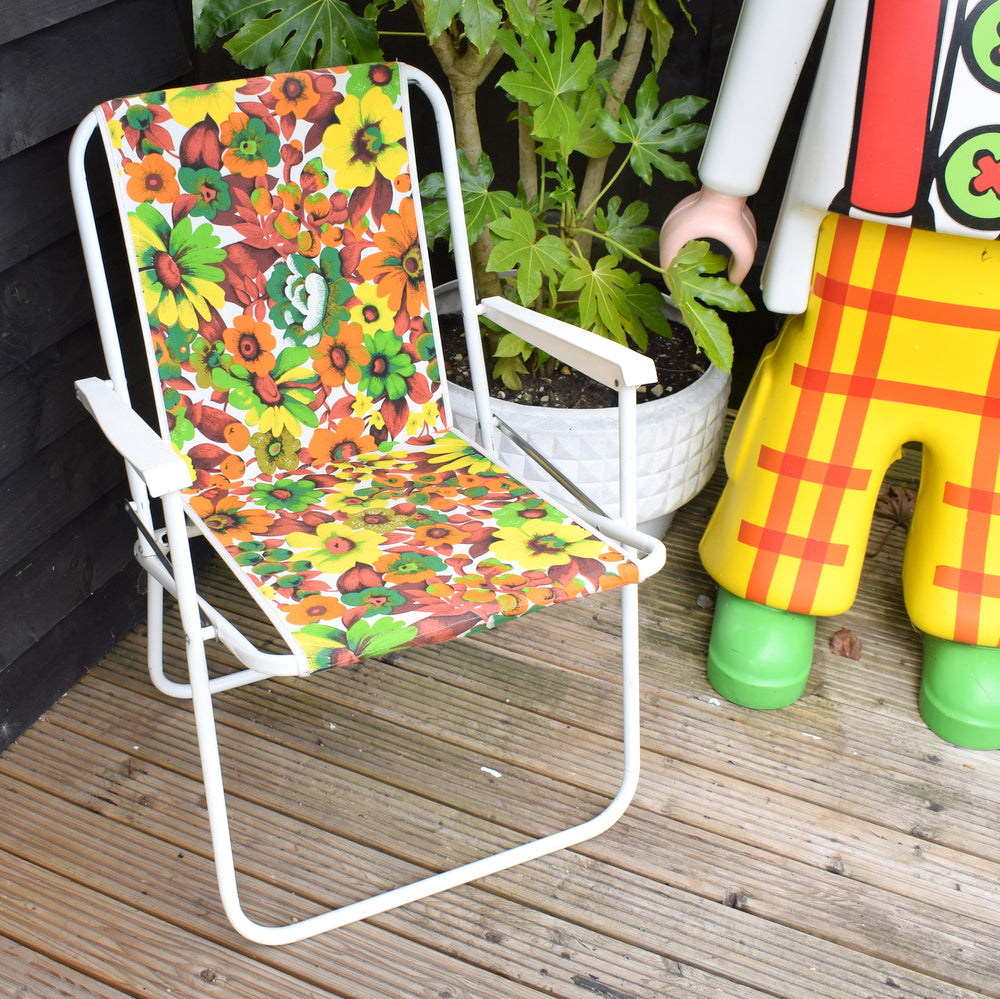 Vintage 1960s Folding Garden Chair - Flower Power - Orange / Green