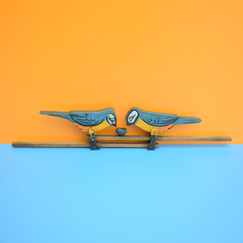 Vintage Wooden Handmade Blue Tit Pecking Toy - Folk Art
