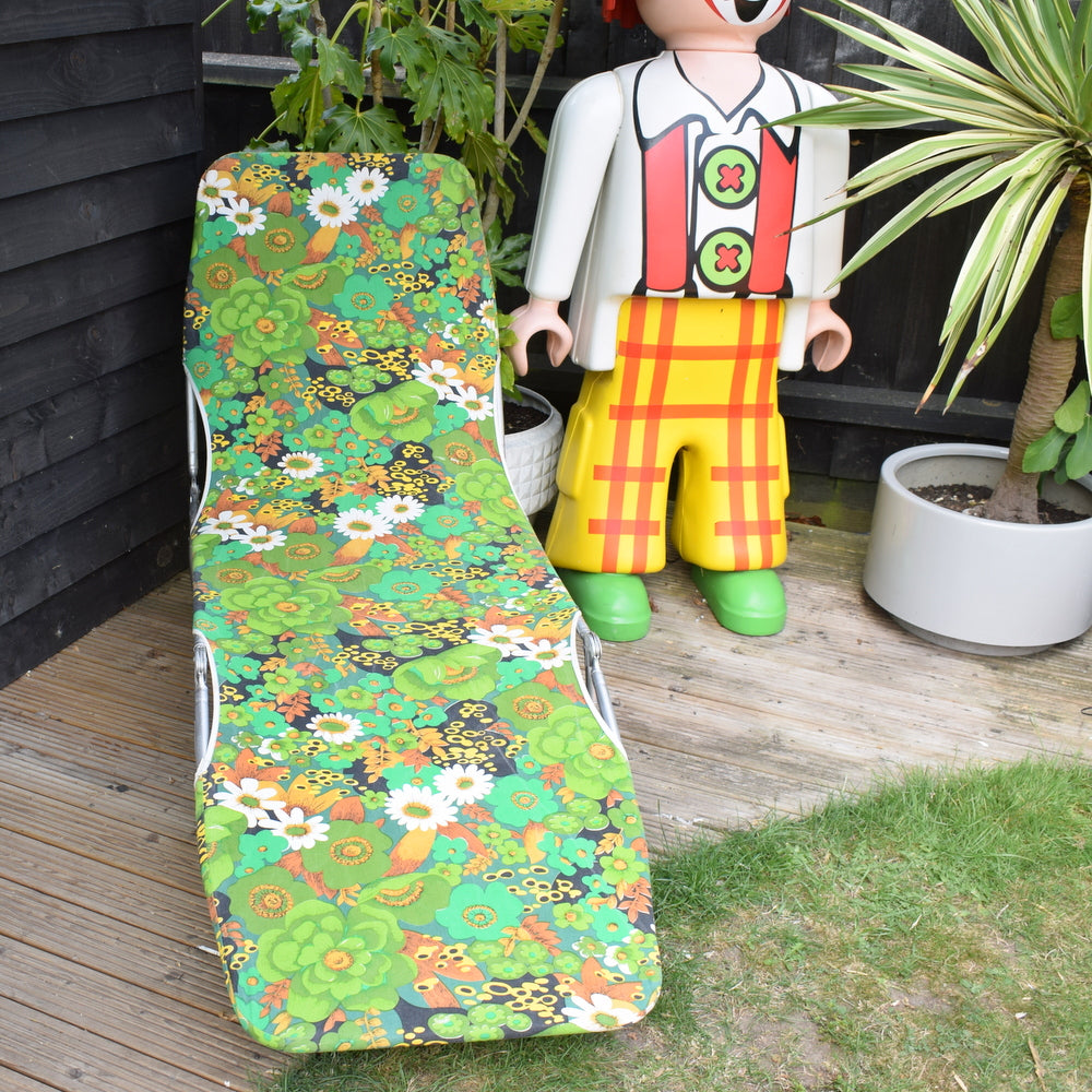 Vintage 1970s Garden Sun Lounger - Green Flower Power