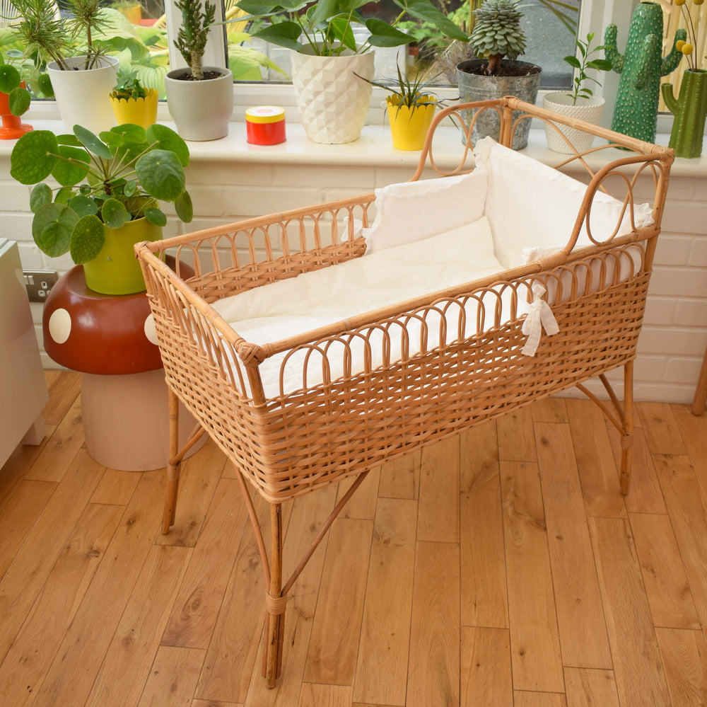 Vintage 1970s Wicker Baby Crib With Bedding
