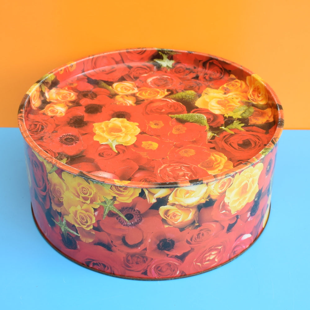 Vintage 1990s Round Metal Cake Tin - Flower Design - Red by Vintage