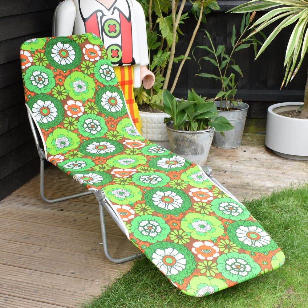 Vintage 1970s Garden Sun Lounger - Green / Orange Flower Power